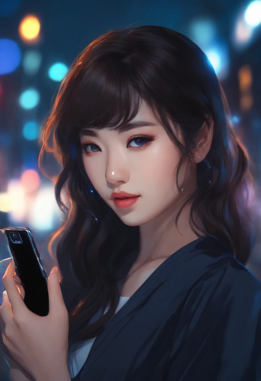ung Asian woman, Anime style, holding a cell phone, face facing the camera, blue background, with lights