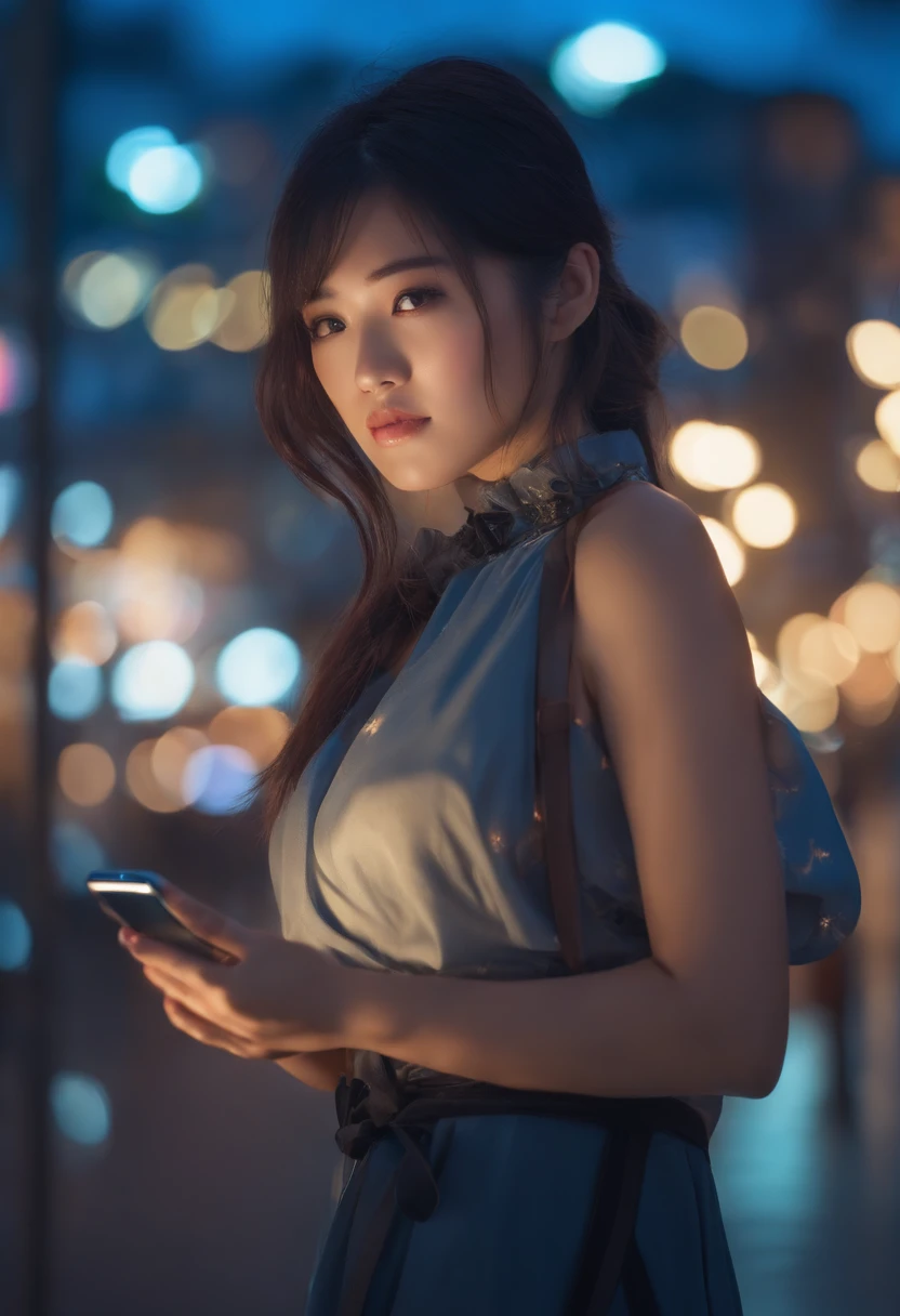 ****ung Asian woman, Anime style, holding a cell phone, face facing the camera, blue background, with lights