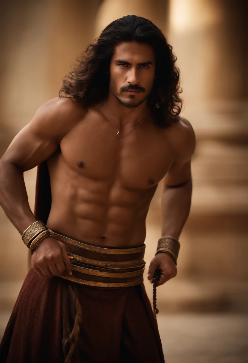 Imagine an image of Samson with long, golden hair, destacando-se em contraste com sua pele bronzeada. Seus cabelos fluem pelo ar, como se estivessem vivos, captando a luz do sol. The expression on your face is powerful, com olhos determinados e um sorriso confiante. He's standing, with tense muscles, Ready to perform a demonstration of his strength under the gaze of a crowd. Ao fundo, You can see a biblical scene, with people dressed in period costumes and an architecture that harkens back to ancient times, evoking the historical atmosphere of Samson's story.