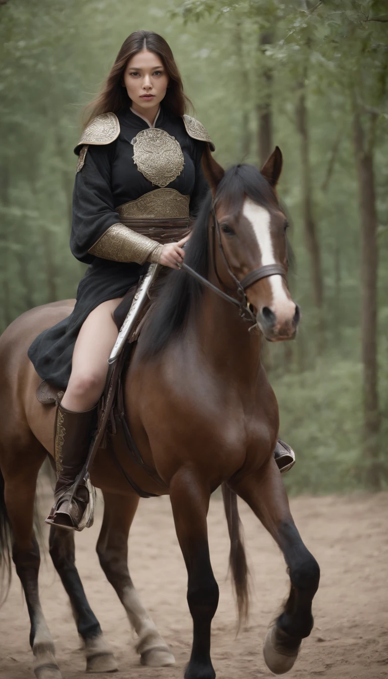 Girl with long hair riding a horse, wearing armor, Holding an ancient Chinese sword, looking at the camera, Style by Daido Moriyama, Cinematic lighting, Amazing footage, 8K, medium: Marie Claire от Maia Flore, Russian Porn actress Kate Kuray spread her legs wide, clit and vagina visible, legs in black pantyhose, sexi girl, nsfw