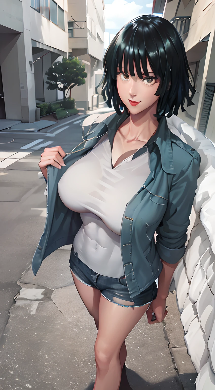 Girl, smile, red lips, big nose, big tits, shorts hair, fair skin, five finger on hand, sexy body, white underwear colors,  navy outerwear colors, navy short levis colors, black shoes colors, beautiful girl, in out door, sexy pose, view facing forward, view facing the camera