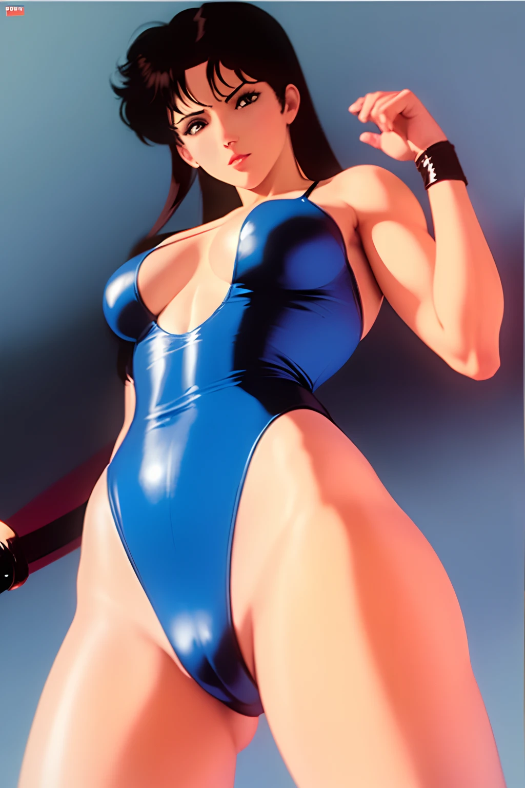 there is one girl in a sexy pantyhose kicking a policeman senseless, muscular, karate, concentrated, ring fighter, dark hair, dark eyes, blue thong leotard