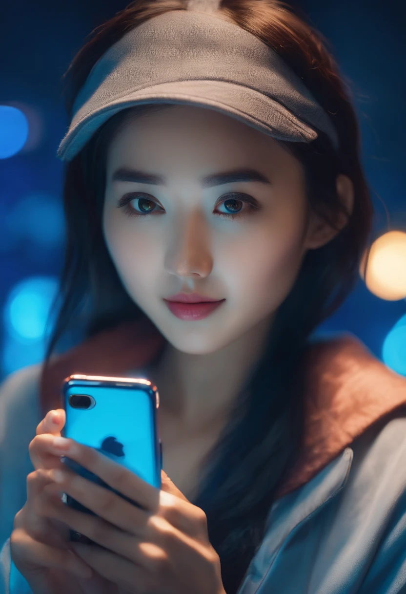ung Asian woman, Anime style, holding a cell phone, face facing the camera, blue background, with lights