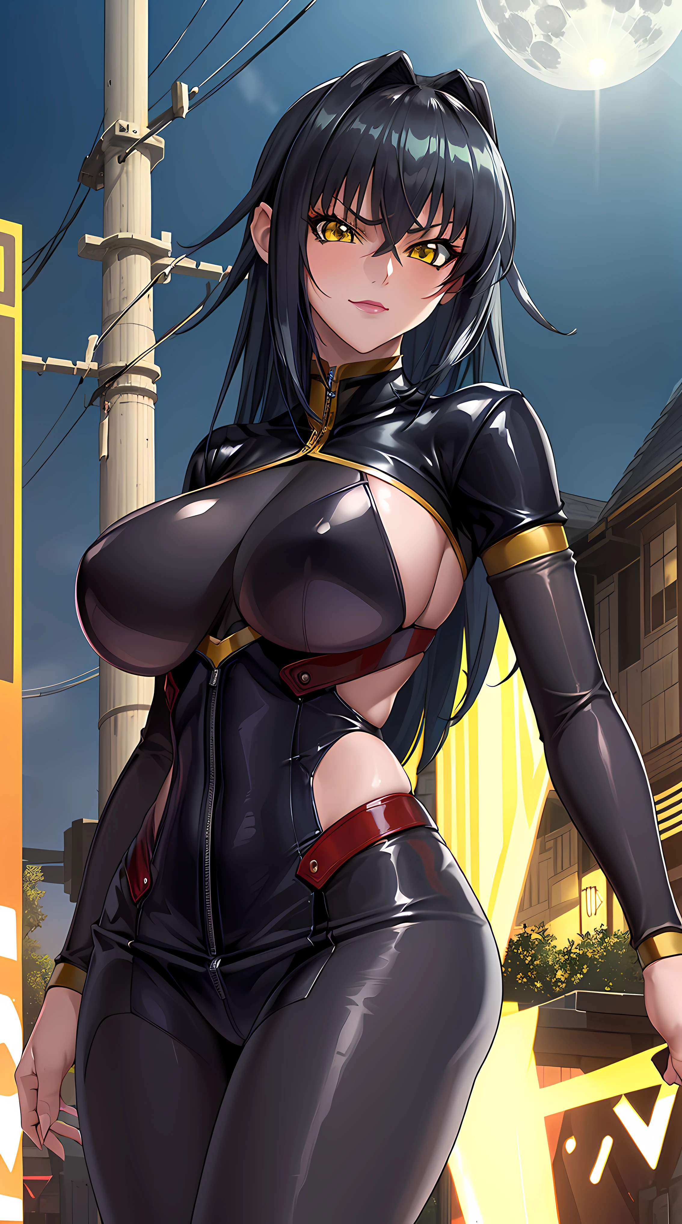 (masterpiece:1.4),(best quality:1.4, highres), beautiful face, beautiful eyes, 1girl, solo, female mature, black hair, long hair, (yellow eyes:1.4), large breasts, black bodysuit latex, ((stand on top of power pole, midnight, moonlight shining the character, beautiful glowing eyes)), hair intakes, exquisite eyes detail, exquisite face details, exquisite character design details 8k HDR, professional art, landscape, (solo:1.5, 1girl:1.4, cowboy shot:1.5), milf, 35 years old girl, (looking at viewer, smug), Annerose, beautiful face details, extremely detail art