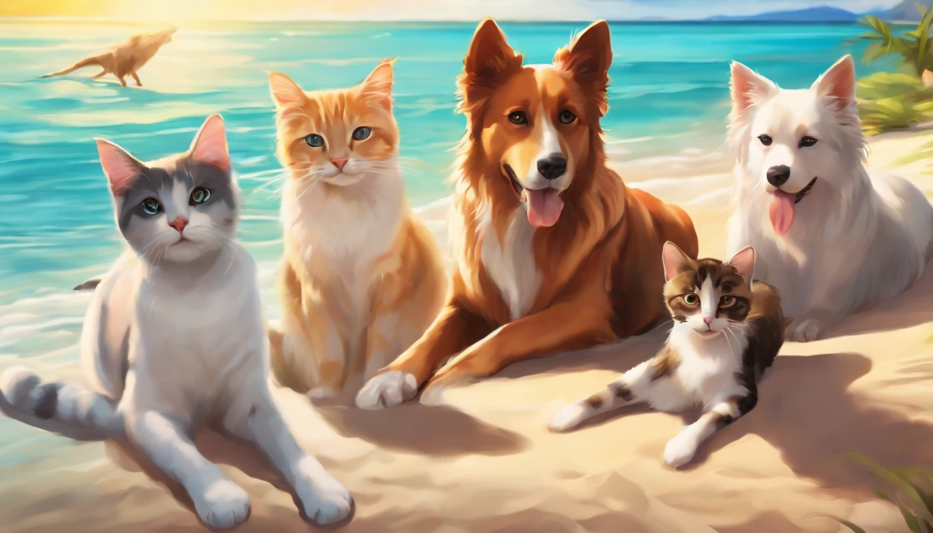 make a picture with at least 5 cats and 5 dogs on sunny beach in anime style