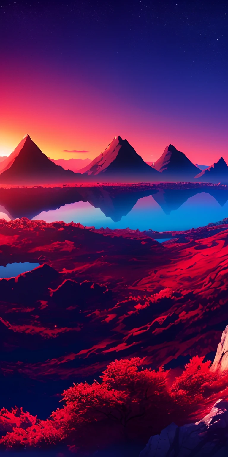Anime style landscape with red lake and large stone mountains in the backround, night sky with red particles. 4k double monitor upscale
