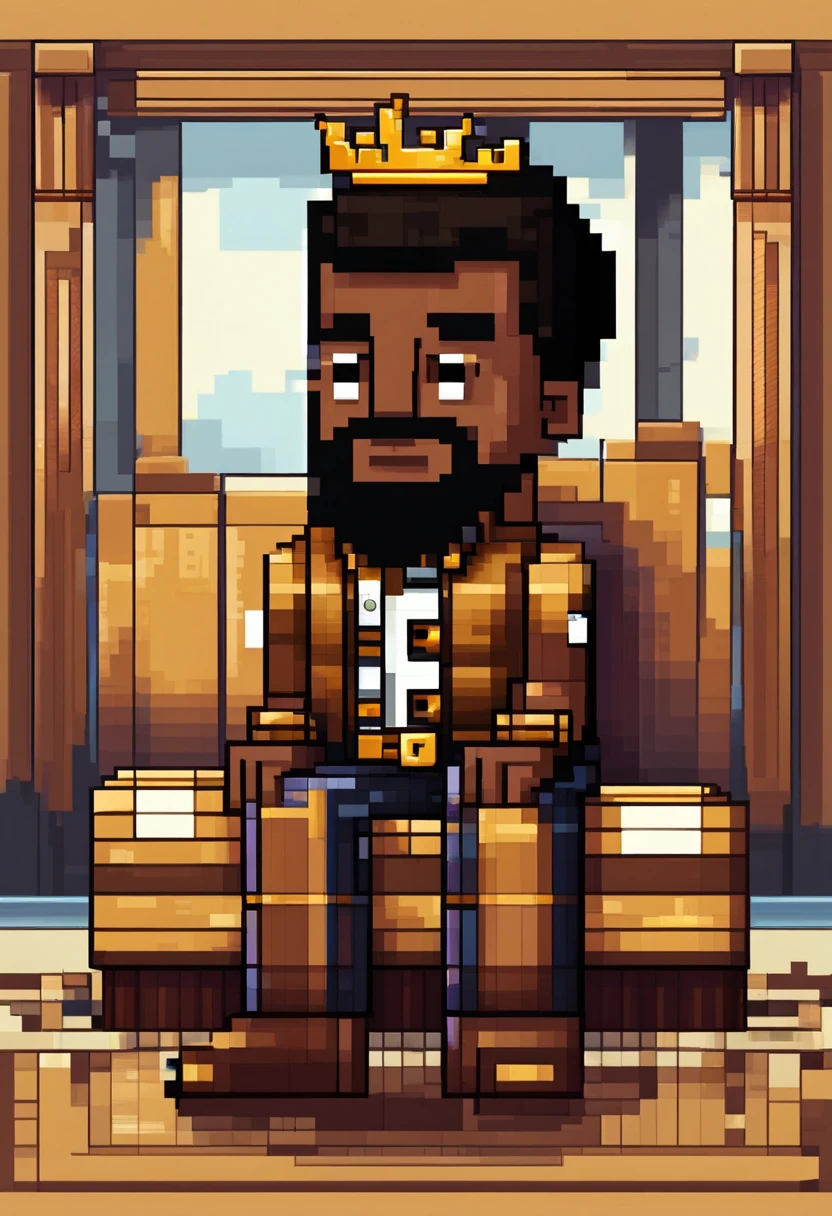 brown skin man,physically well built, sitting on throne,crown,very short beard,bald,black business attire
