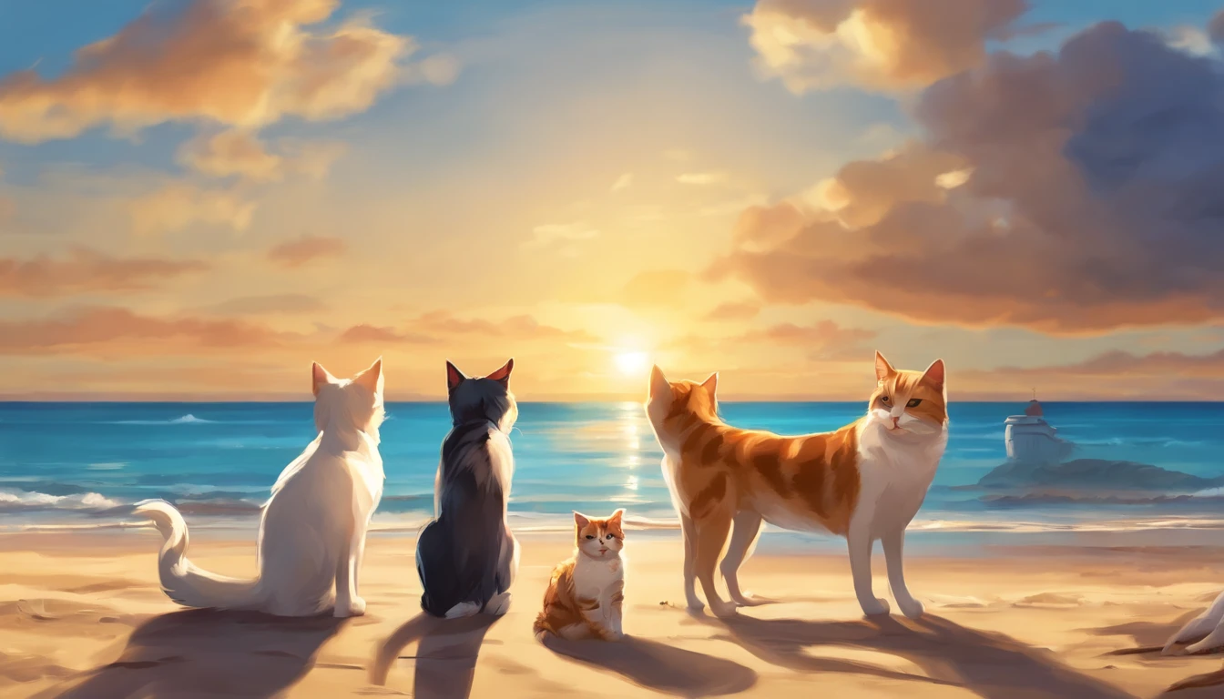 make a picture with at least 5 cats and 5 dogs on sunny beach in anime style