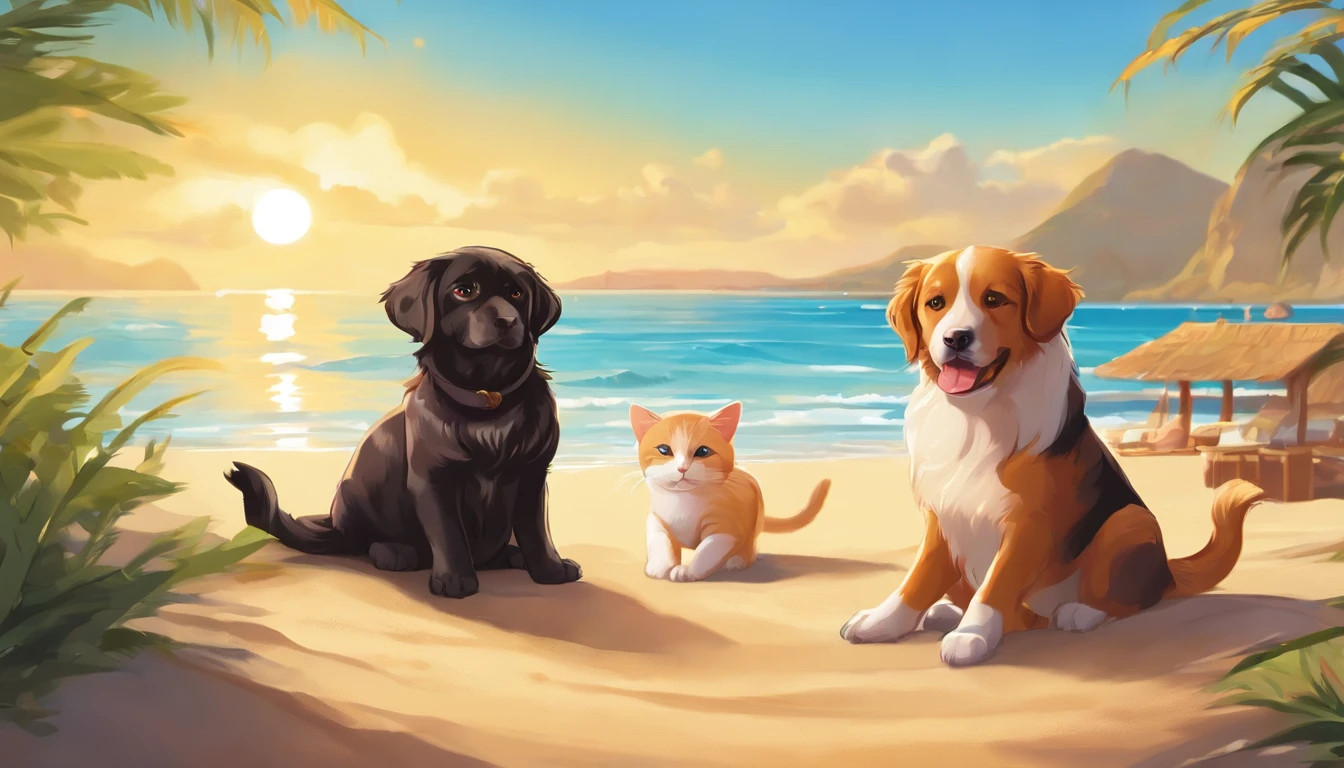 make a picture with at least 5 cats and 5 dogs on sunny beach in anime style