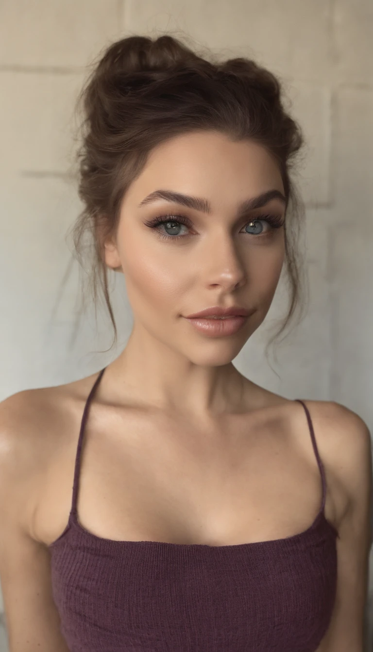 arafed woman with matching tank top and panties, long blonde hair, sexy girl with blue eyes, portrait sophie mudd, blonde hair and large eyes, selfie of a young woman, bedroom eyes, violet myers, without makeup, natural makeup, looking directly at the camera, face with artgram, subtle makeup, stunning full body shot, in bedroom, cleavage