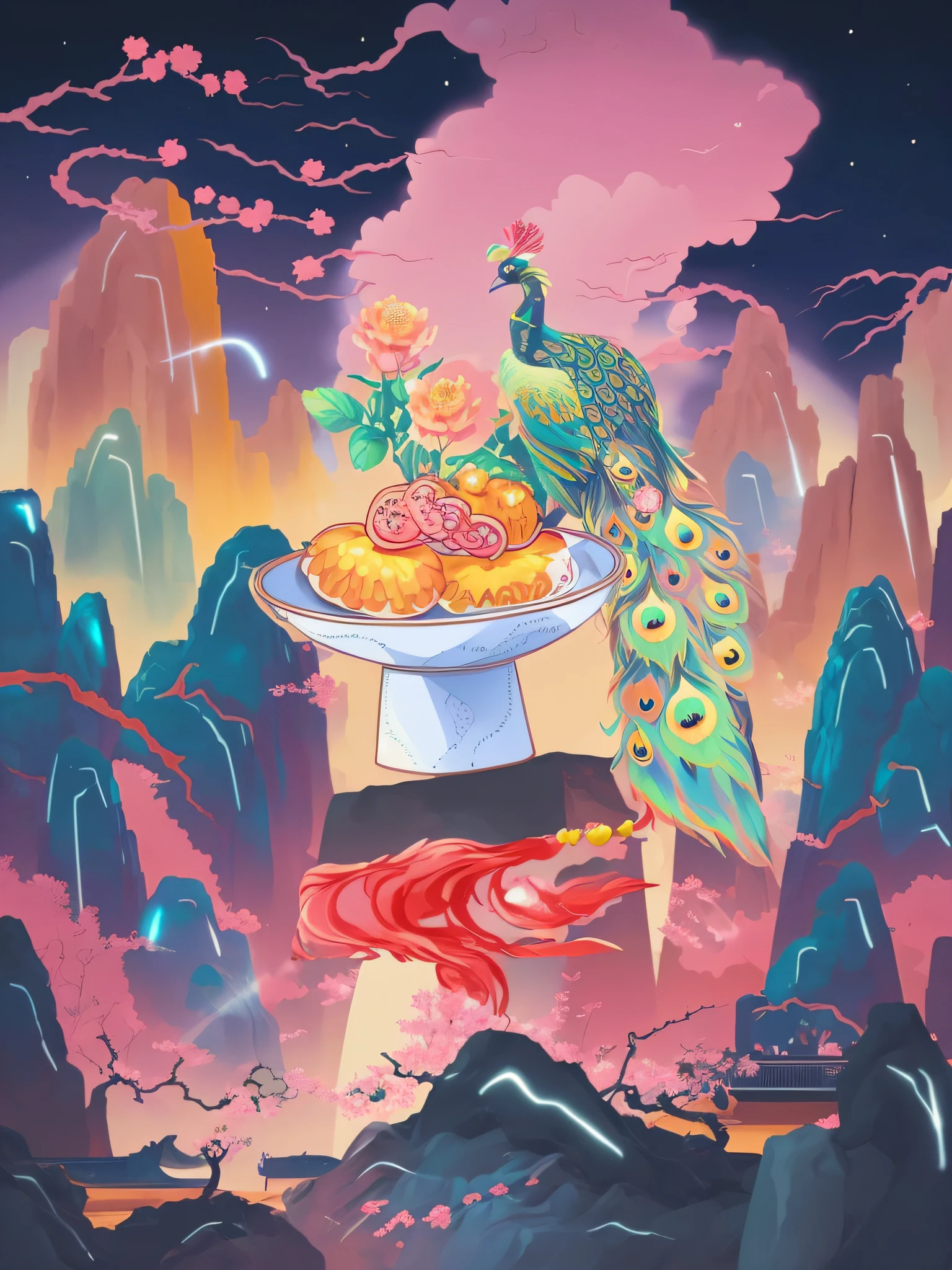 Draw a peacock sitting on a food plate in the desert, jen bartel, Stylized digital illustration, inspired by Tomokazu Matsuyama, digital fantasy illustration, inspired by Tsukioka Yoshitoshi, dreamy psychedelic anime, A beautiful artwork illustration, Official artwork, chinese surrealism, dreampunk romanticism artwork, Inspired by Victor Color Unchanged,Add details,Reduce the brightness of the picture,Avoid cluttered graphics