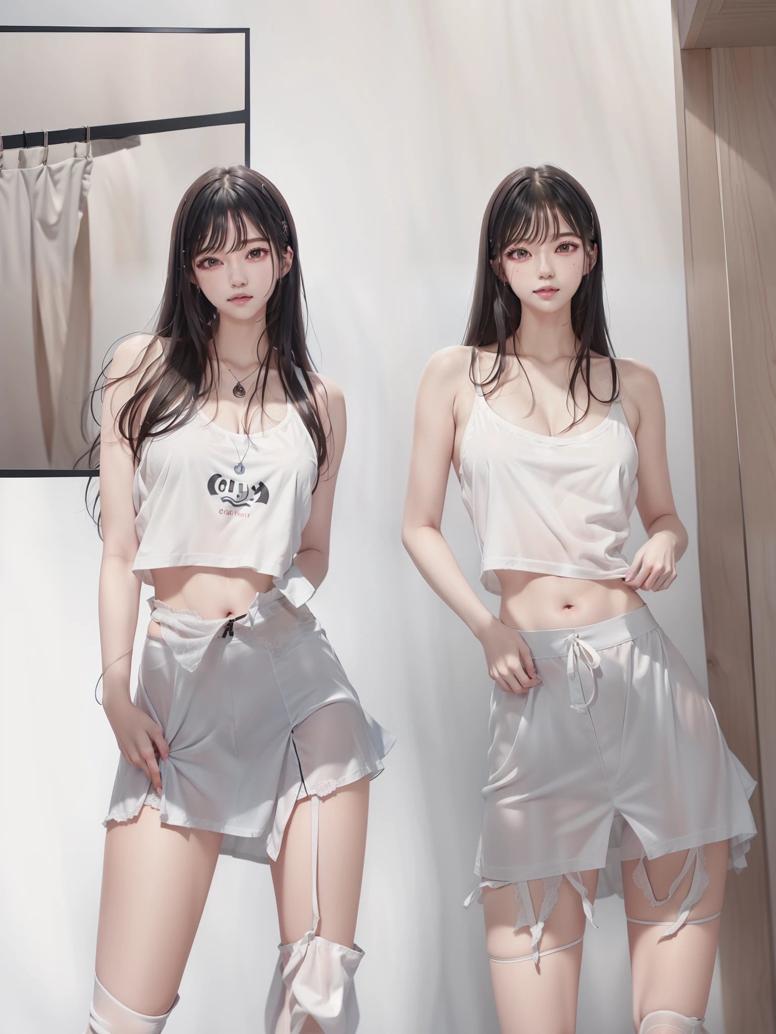 White-skinned woman in skirt, A plump chest, Surrealism female students, extreme low angle long shot, wearing a tanktop and skirt, Short skirt, Realistic schoolgirl, trending on cgstation, Wearing a crop top and miniskirt there is a woman in a short skirt and a white shirt posing, Anime girl cosplay, maple story gun girl, trending at cgstation, Anime cosplay, Ayaka cosplay, White Cat Girl, roseanne park of blackpink, gogo dancer, rpgmaker, Junko Enoshima, smooth white tight clothes suit, jia, publicity cosplay, cosplay, lalisa manoban of blackpink