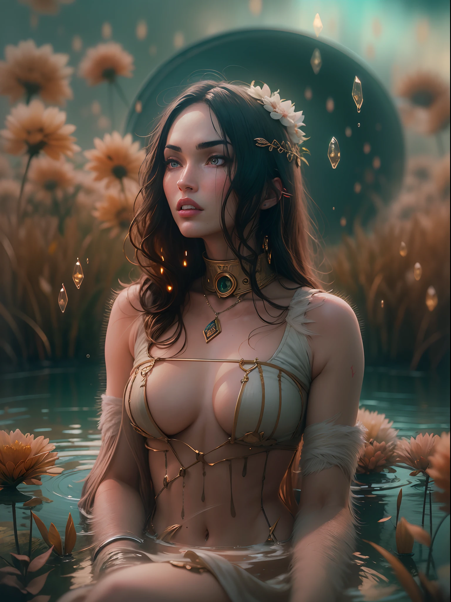 ((best quality)) , ((masterpiece)) , (detailed) ，, photograph, [reeds|blossoms], Golden ratio, concept art, selfie shot angle of a Tempting Wretched rotund Inca (Megan Fox:1.3) surrounded by Red giant, 🤥, Trendy Mystical hair, Dystopian Post-it notes Tattoo, Painterly Three-Eyed, [Islamic|Sardinian] pond, at Dawn, equirectangular 360, ultrafine detailed, Suffering, majestic, Queencore, hair light, film grain, Canon RF, F/14, Cinestill, dripping dark pastel, dreamy magical atmosphere, High quality, pixiv, 8k resolution