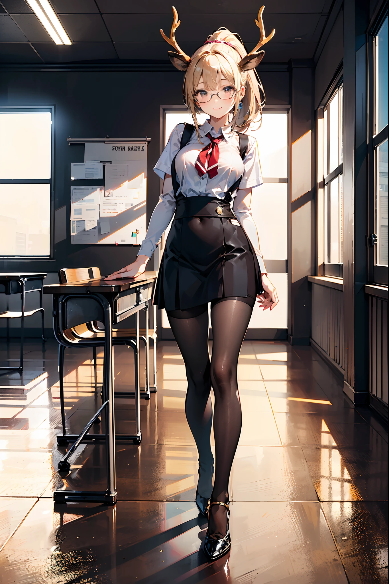 ((masterpiece)), ((best quality)), (ultra-detailed), ((kawaii)), cute, (lovely), ((sexy)), (ero), ((extremely detailed)), 4K, (8K), best quality, (beautiful), realistic, real, focus on the face, full body focus, school, classroom, a pretty girl, little girl:1.4, solo, brown ussr school uniform:1.7, apron, beautiful dark blonde, beautiful brown eyes, ((beautiful eyes with highlights )), white-skinned, ponytail, transparent hair, translucent hair, medium breast, nude tights, open hips, heels, glasses, smile, neon light, reflection effect, anthro beauty, deer antlers:1.5, hooves:1.6