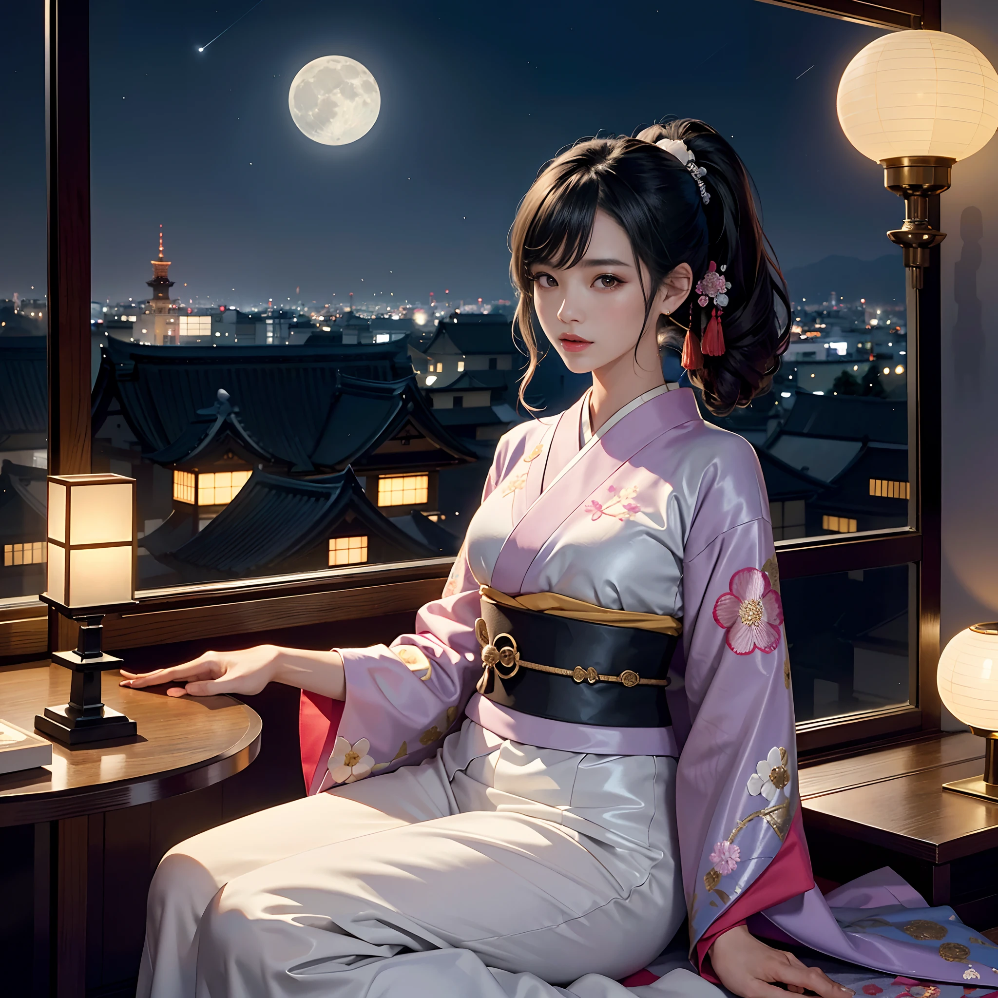 Detailed background(luxury hotel(Night view of Kyoto outside the window,a moon)),Sitting on the bed,BREAK,elaborate costume{Luxury kimono(Colorful kimono(detailed embroidery,))}、1girl in(Japanese Idol(actress):1.2)(face perfect:1.2),Depicting a beautiful and classy adult woman,glossy dark hair(poneyTail),Heart in the eye, Wallpapers 16K,Blur the background with a sickle,((masutepiece)), ((Best Quality)),{{a portrait photo of}},full body Esbian