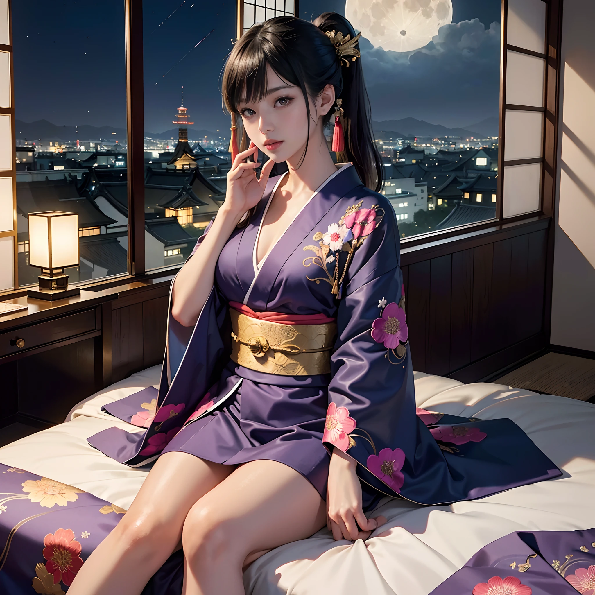 Detailed background(luxury hotel(Night view of Kyoto outside the window,a moon)),Sitting on the bed,BREAK,elaborate costume{Luxury kimono(Colorful kimono(detailed embroidery,))}、1girl in(Japanese Idol(actress):1.2)(face perfect:1.2),Depicting a beautiful and classy adult woman,glossy dark hair(poneyTail),Heart in the eye, Wallpapers 16K,Blur the background with a sickle,((masutepiece)), ((Best Quality)),{{a portrait photo of}},full body Esbian