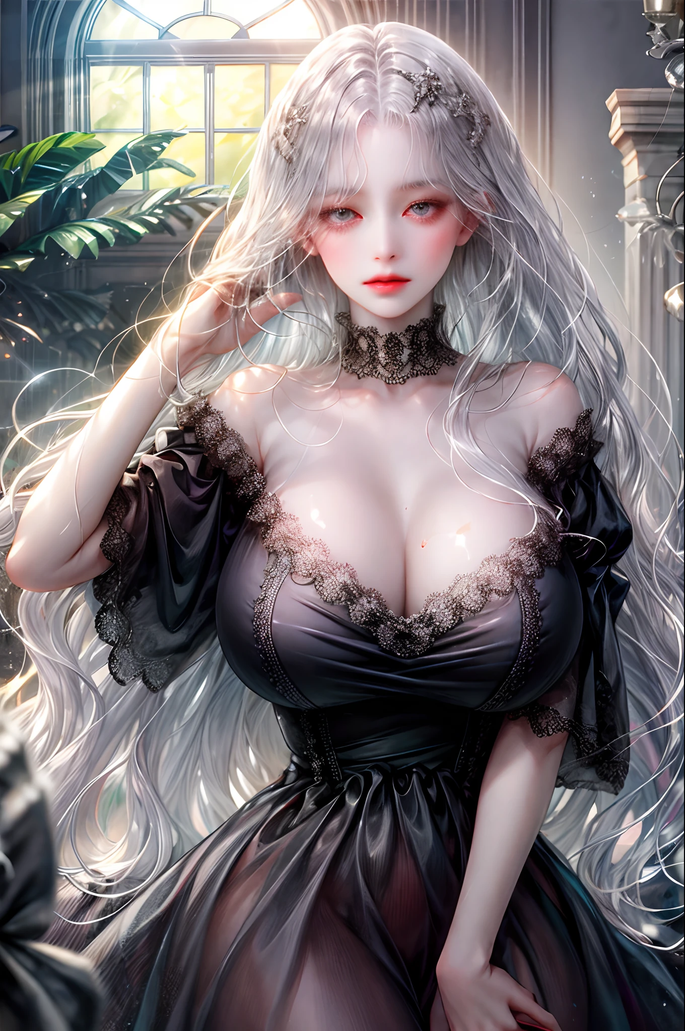 translucent skin, slimes, long silver hair, light gray eyes, huge breasts, black dress, mansion, depressed face,
From the front, White pale skin, right eye covered by hair,slime girl, slime hair