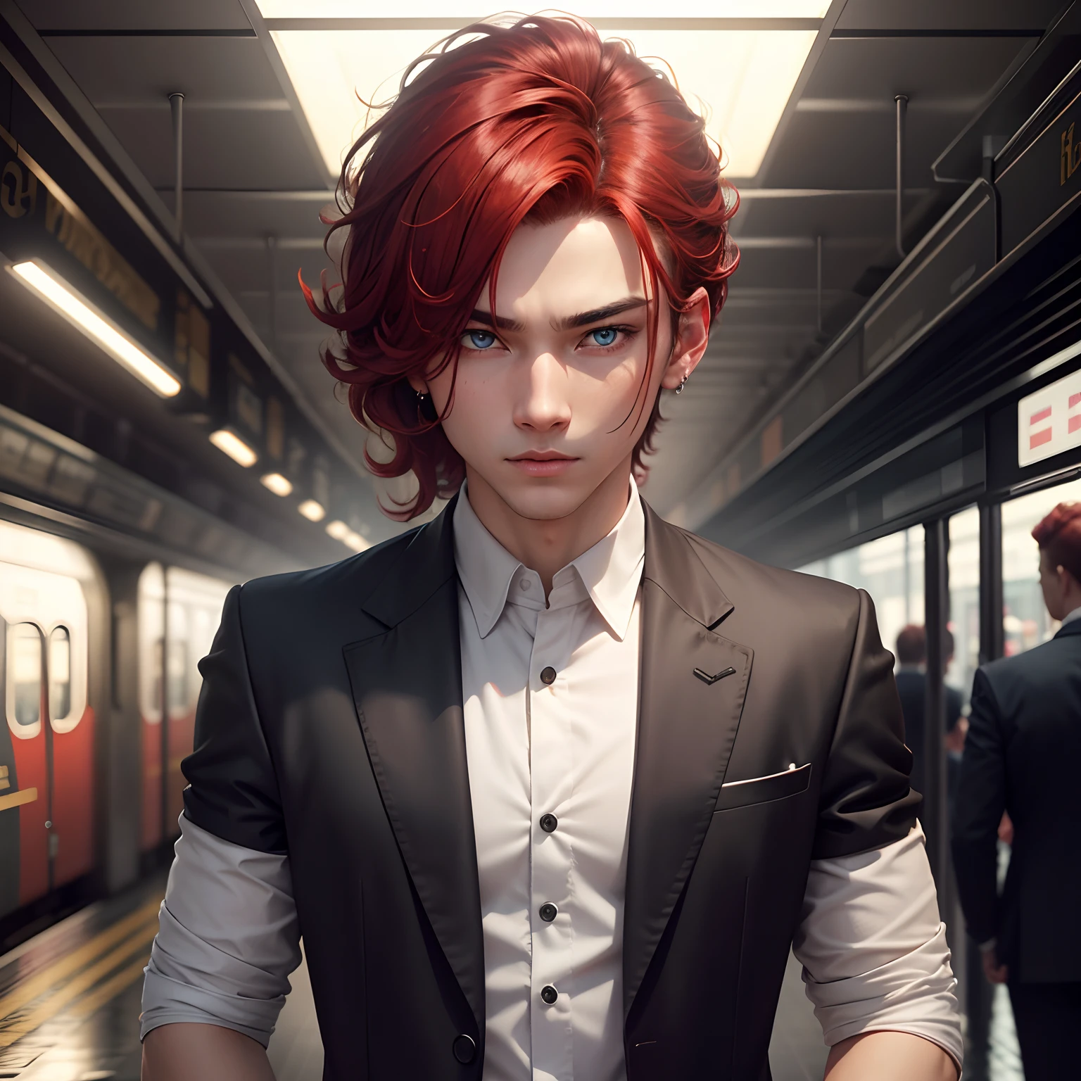 (Best quality),(Masterpiece), (Extremely detailed 8k wallpaper),Ultra-detailed,Cinematic lighting, Detailed light, Best shadow, dynamic angle, From Under, Train station, Train, signal lights, 1boys, Leonard Deng, Red hair, aqua eyes, earring, single horn, Stripe marks on the face, shine, White shirt,,Detailed face, Detailed reflective eyes, Beautiful eyes,,reflective hair,