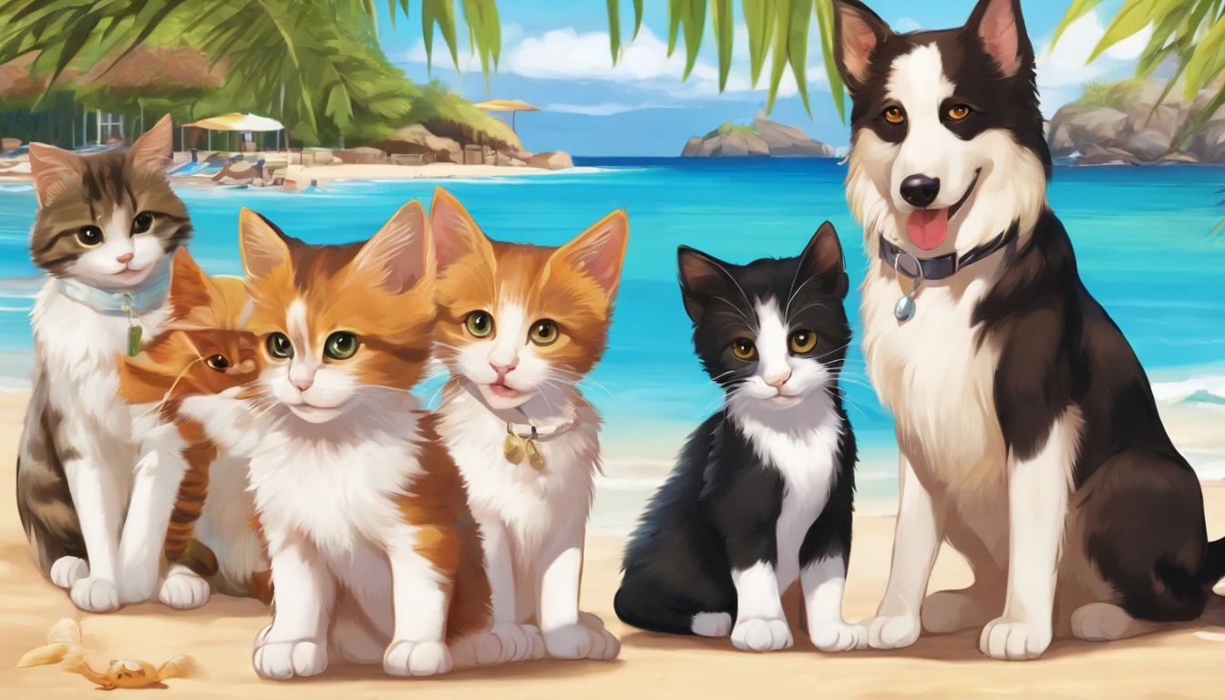 make a picture with at least 5 cats and 5 dogs on sunny beach in anime style