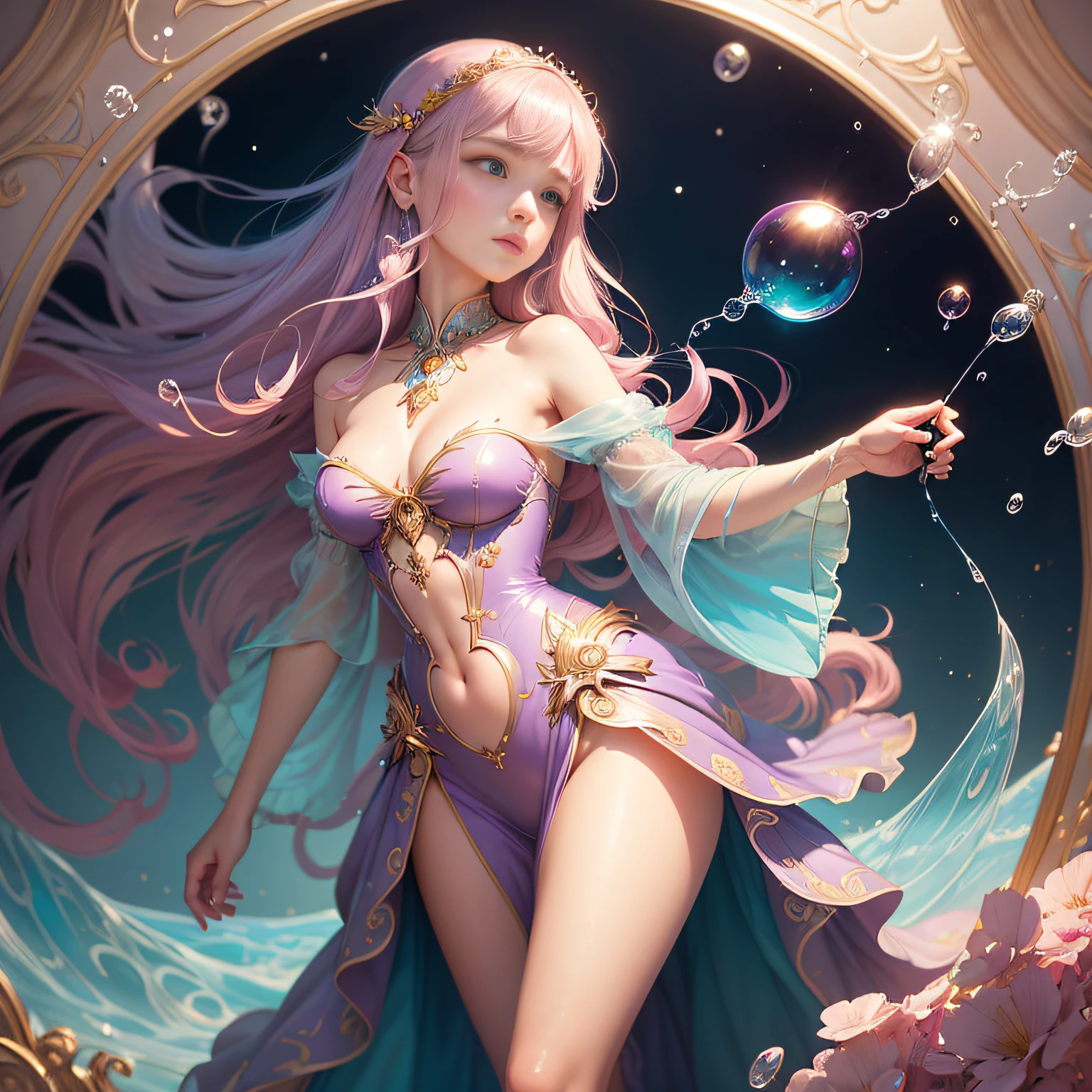 a painting of a woman in a dress blowing bubbles, loish and wlop, ethereal bubbles, moebius + loish + wlop, dreamy and detailed, intricate wlop, closeup fantasy with water magic, fairytale artwork, fairytale painting, in style of anna dittmann, wlop art, realistic fantasy painting, artgerm julie bell beeple