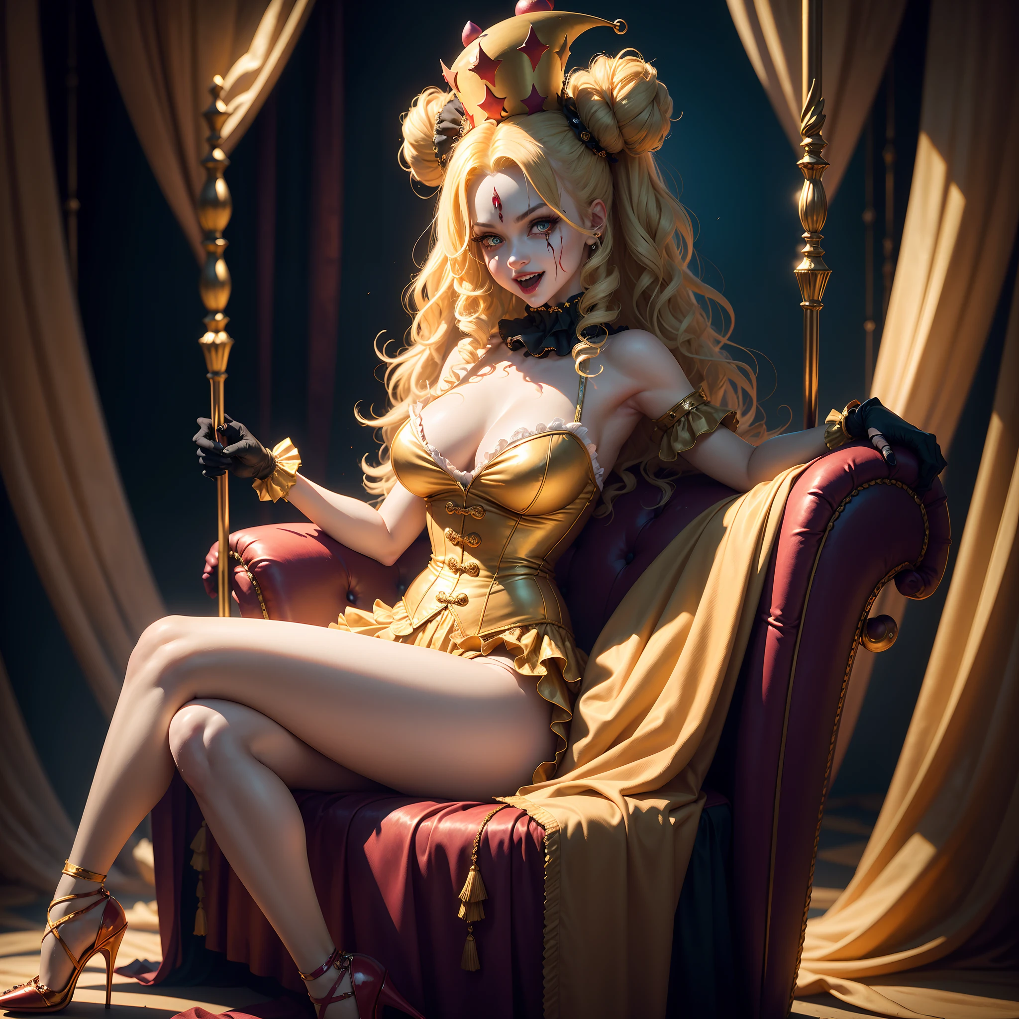 Crazy Clown Queen, sitting on a golden throne, Wear a clown hat, Clown costume, mitts, vivd colour, Laughing, Deep blonde hair, Cute breasts, Terrifying , Wavy hair, Bun, and high heels. Blood, Circus props, spooky ambiance, haunted background. Surrealist style, Sharp contrast, ominous lighting, High-density imaging reviews, Ultra-high definition, Studio lighting, Like a painting, ultra-fine painted, Sharp focus, physically-based renderingt, Extreme detail description, professional (Horror )