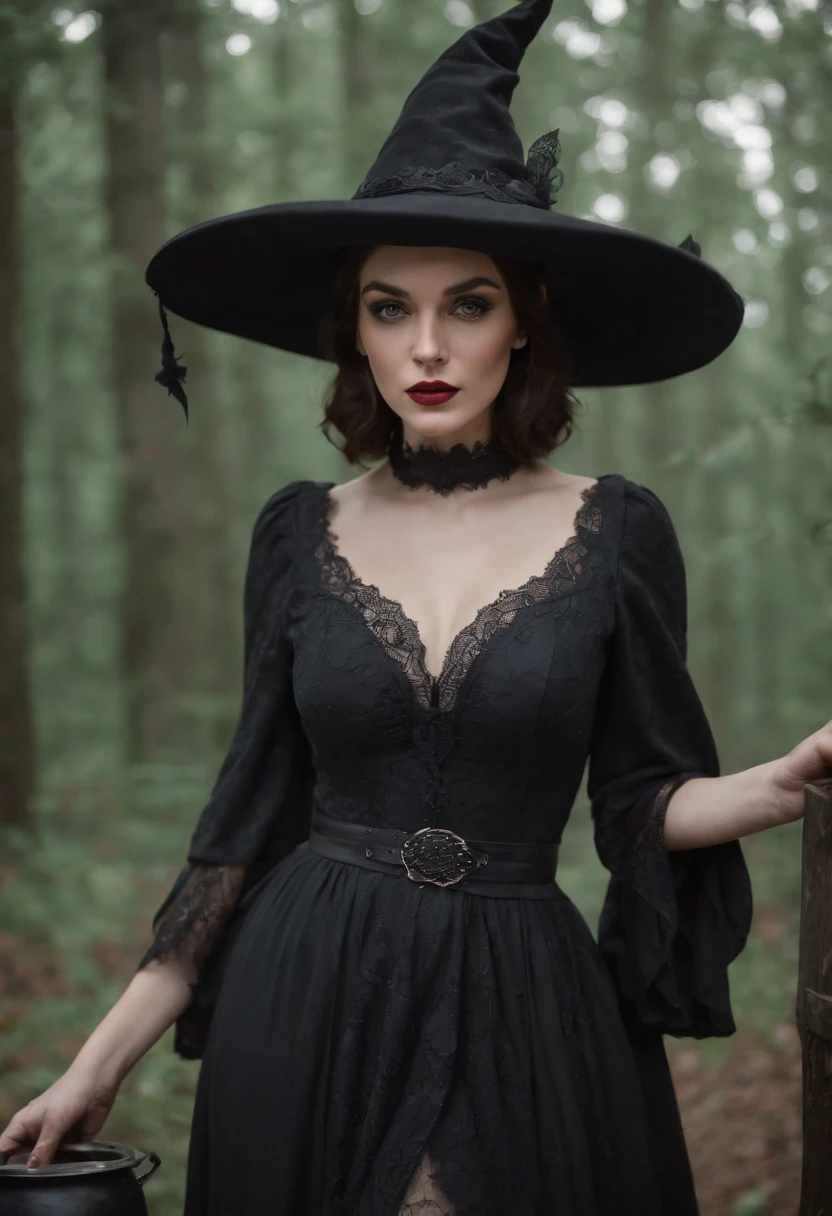 stunningly beautiful voluptuous, dark-haired witch, pixie cut hairstyle, hat, cauldron,  smoke, bats, gorgeous gothic gown, creepy dark dream style,  highest possible resolution, the nightmare comes true, ultra-detailed structures, dark natural colors