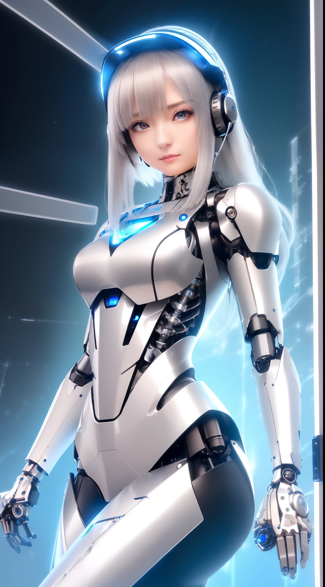 complex 3d rendering highly detailed beautiful female robot face, robot, robot parts, 150mm, beautiful studio soft light, edge light, vibrant details, luxury cyberpunk, lace, surrealism, anatomy, facial muscles, cables, microchip, elegant, beautiful background, octane rendering, hr giger style, 8k, best quality, masterpiece, illustration, very refined and beautiful, very detailed, CG, uniform, wallpaper, stunning, fine detail, masterpiece, Best quality, official art, absurdity, robot, silver armor, full body, sitting