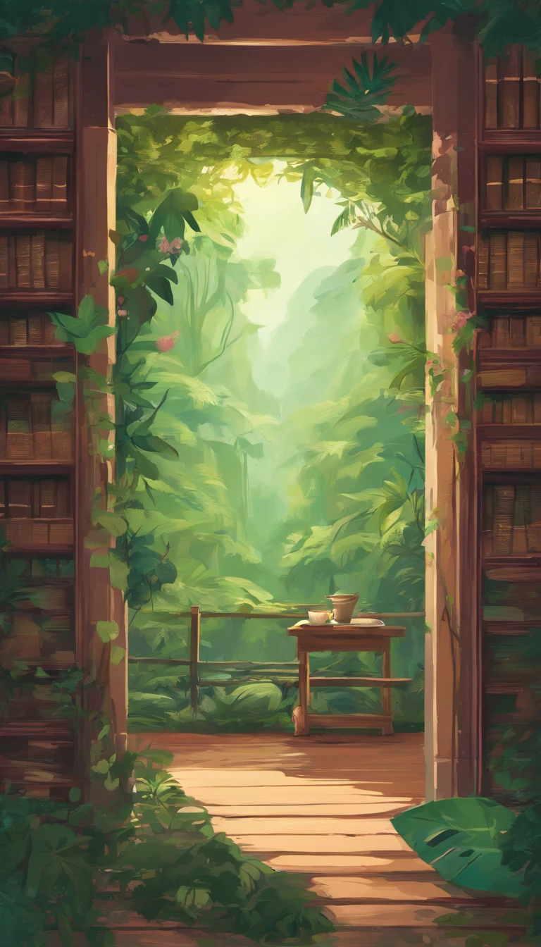 Empty bookside, jungle leaves, spring pen. beautiful atmosphere, magic, cozy, strong color, close up