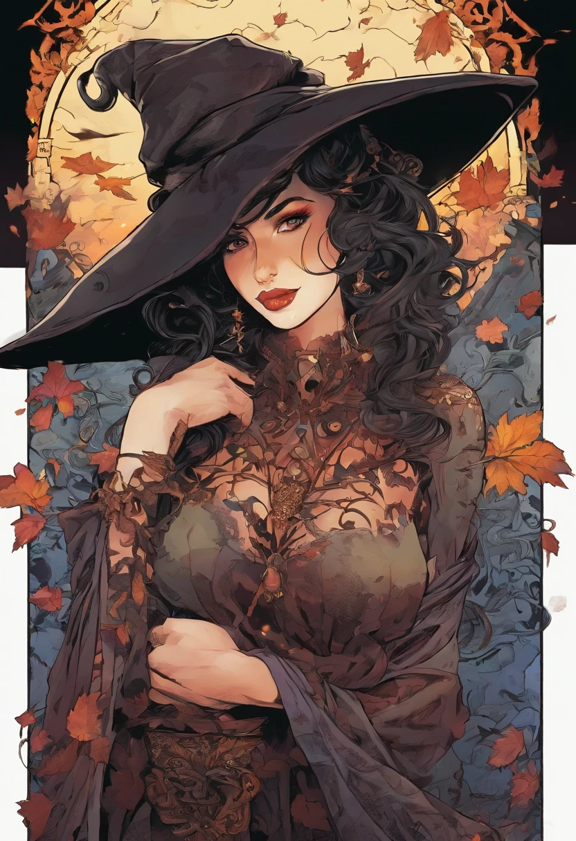 stunningly beautiful voluptuous, dark-haired witch, pixie cut hairstyle, hat, cauldron,  smoke, bats, gorgeous gothic gown, creepy dark dream style,  highest possible resolution, the nightmare comes true, ultra-detailed structures, dark natural colors