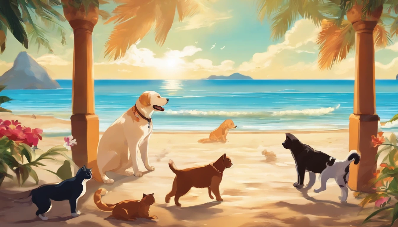 make a picture with at least 5 cats and 5 dogs on sunny beach in anime style