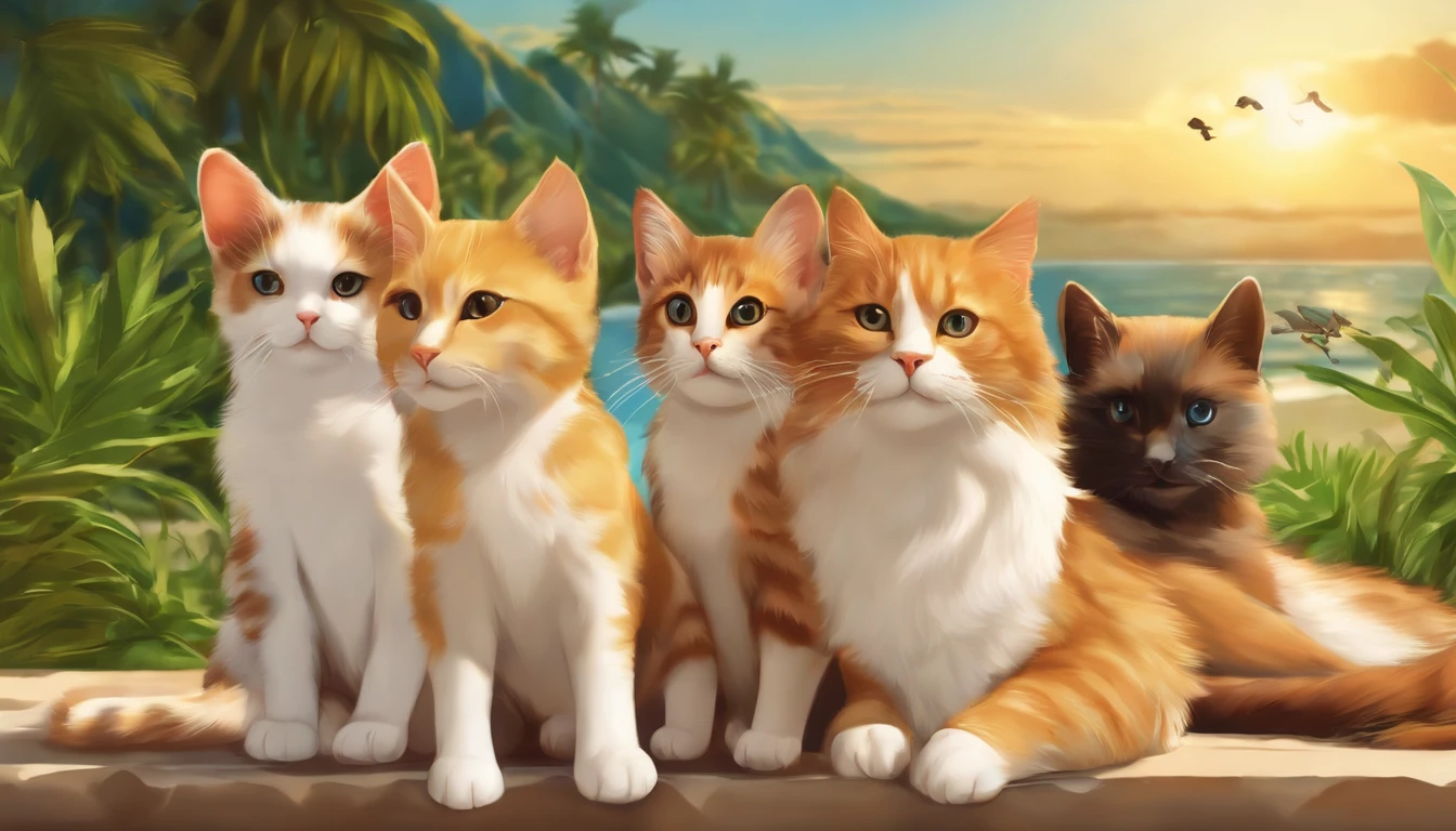 make a picture with at least 5 cats and 5 dogs on sunny beach in anime style