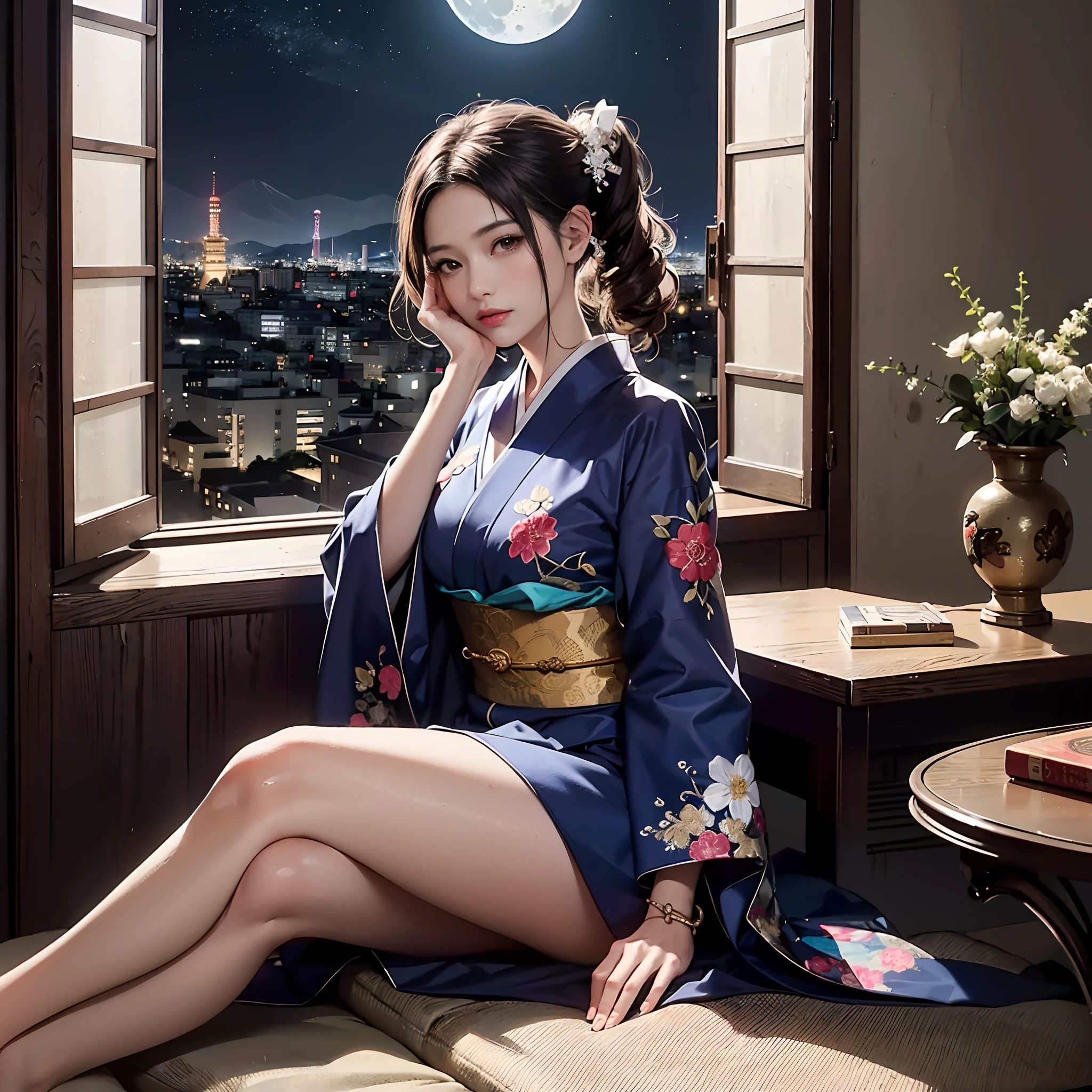 Detailed background(luxury hotel(Night view of Kyoto outside the window,a moon)),Sitting on the bed,BREAK,elaborate costume{Luxury kimono(Colorful kimono(detailed embroidery,))}、1girl in(Japanese Idol(actress):1.2)(face perfect:1.2),Depicting a beautiful and classy adult woman,glossy dark hair(poneyTail),Heart in the eye, Wallpapers 16K,Blur the background with a sickle,((masutepiece)), ((Best Quality)),{{a portrait photo of}},full body Esbian