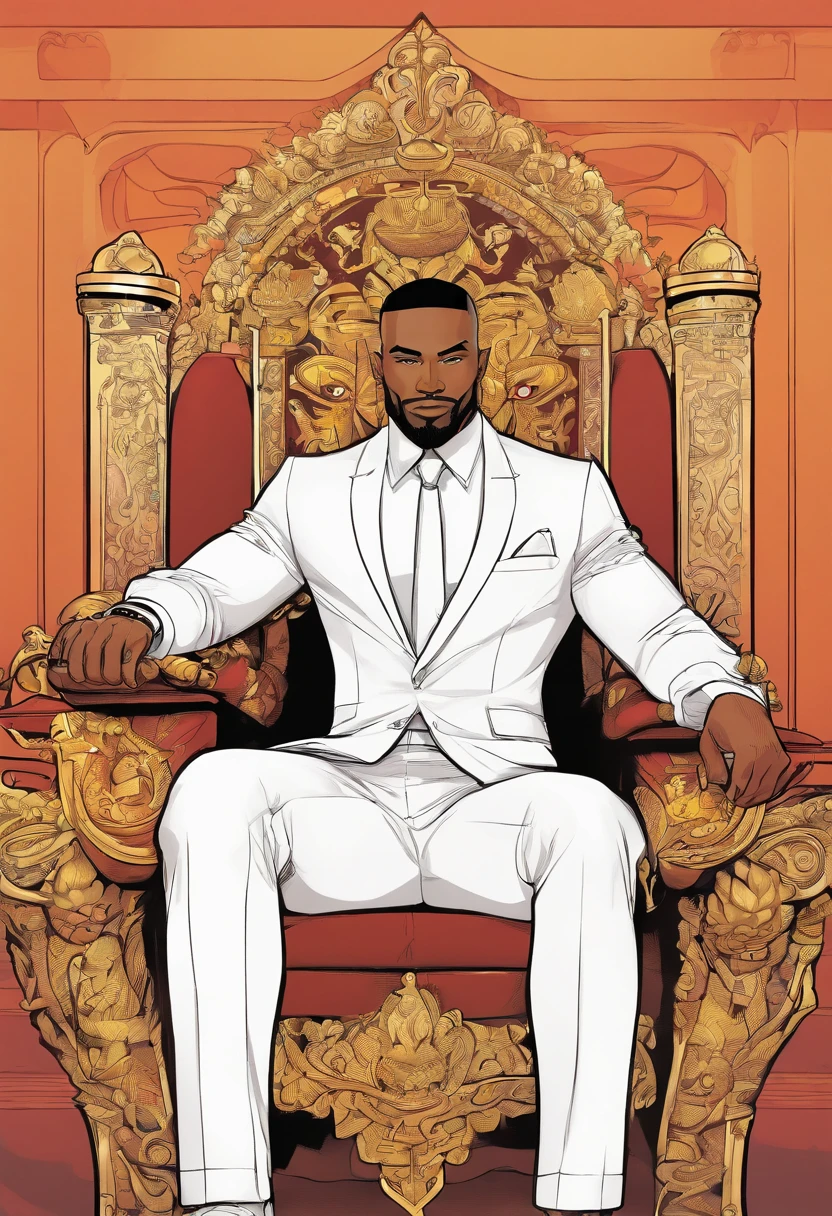 brown skin man,physically well built, sitting on throne,crown,very short beard,bald,black business attire