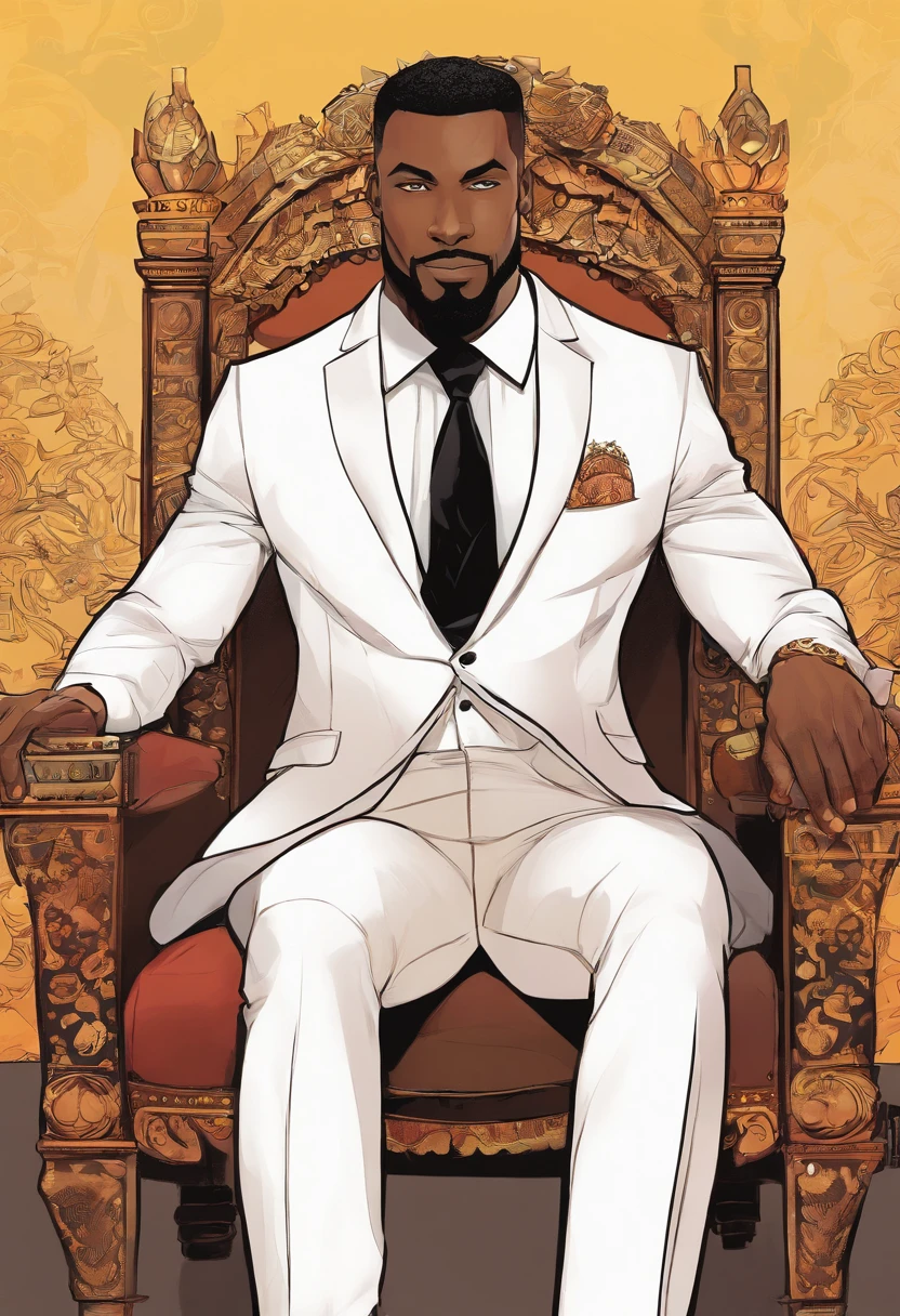 brown skin man,physically well built, sitting on throne,crown,very short beard,bald,black business attire
