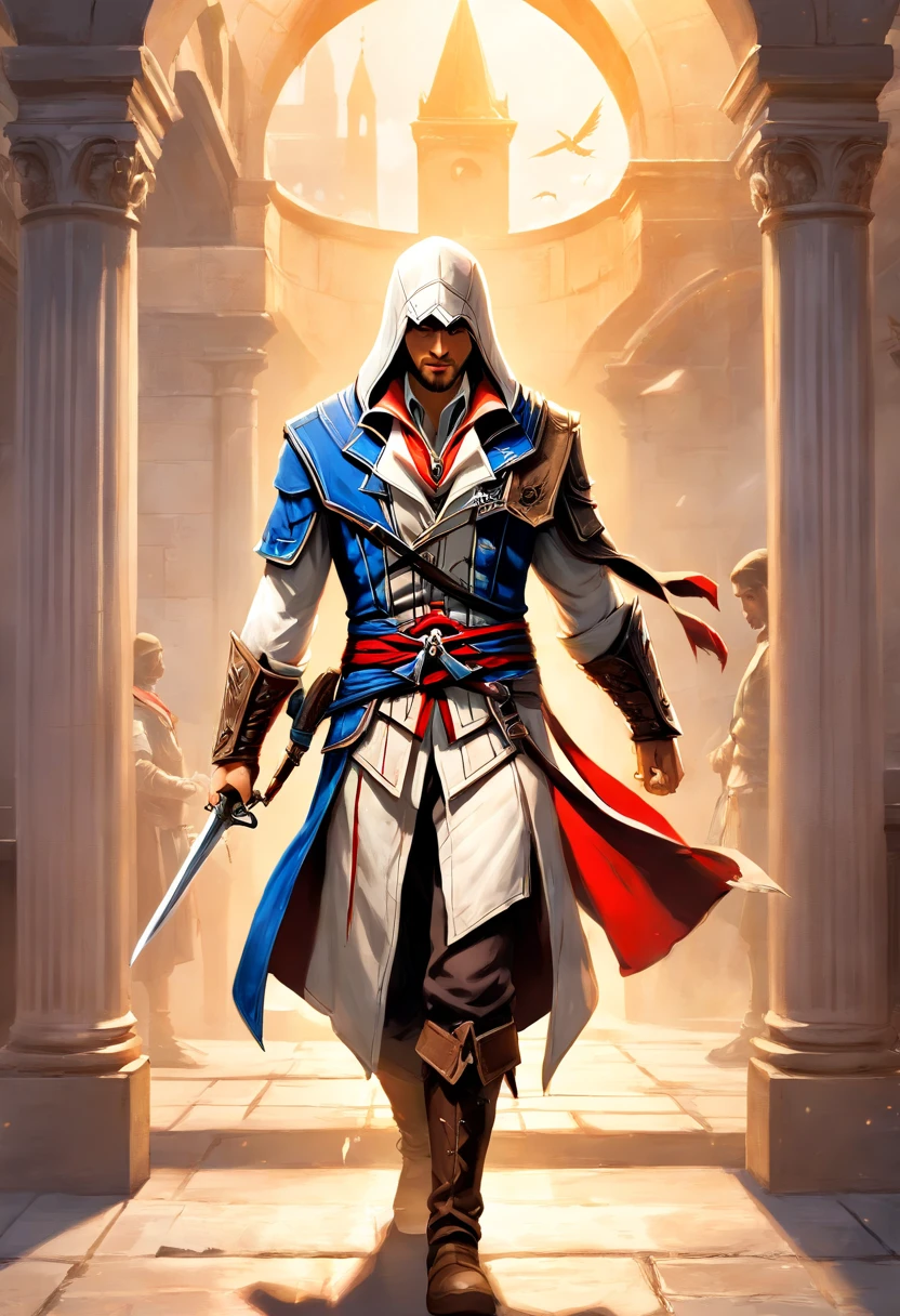 An exquisite portrait of Ezio Auditore, the iconic character from the game series "Assassin's Creed". Capturing his fierce and determined personality, this masterpiece (best quality, 4k, high-res) showcases ultra-detailed features, bringing the Renaissance assassin to life.
With a stunning mix of oil painting and photorealistic rendering, the medium used in this artwork elevates its visual impact. The vibrant colors and sharp focus accentuate every intricate detail, from Ezio's piercing and hypnotizing hazel eyes to his defined facial features. The eyes, being beautifully detailed, emit an aura of intelligence and intensity.
Dressed in the traditional assassin's robes, Ezio's outfit exhibits impeccable craftsmanship and attention to detail. The blend of dark shades and hints of gold embroidery adds elegance to the overall composition. The fabric texture is lifelike, invoking a sense of tactile realism.
Set against a backdrop of historical Italian architecture, the scene immerses us in Renaissance Florence, giving a glimpse into the world Ezio inhabits. The soft glow of studio lighting highlights his silhouette, creating a dramatic and mysterious atmosphere. Shadows intricately dance around him, adding depth and dimension to the composition.
This extraordinary artwork combines the essence of both the Assassin's Creed universe and classical artwork techniques. It portrays Ezio in a way that embodies his charm, stealth, and unwavering determination. The composition successfully captures the spirit of the game, inviting viewers to embark on an epic journey through Ezio's adventures in the Renaissance world.
Let this artwork transport you into the captivating realm of Assassin's Creed, where history and fantasy interweave. Experience the thrill of Ezio Auditore's story, as this masterpiece ignites your imagination and leaves you in awe of the Assassin's Creed legacy.