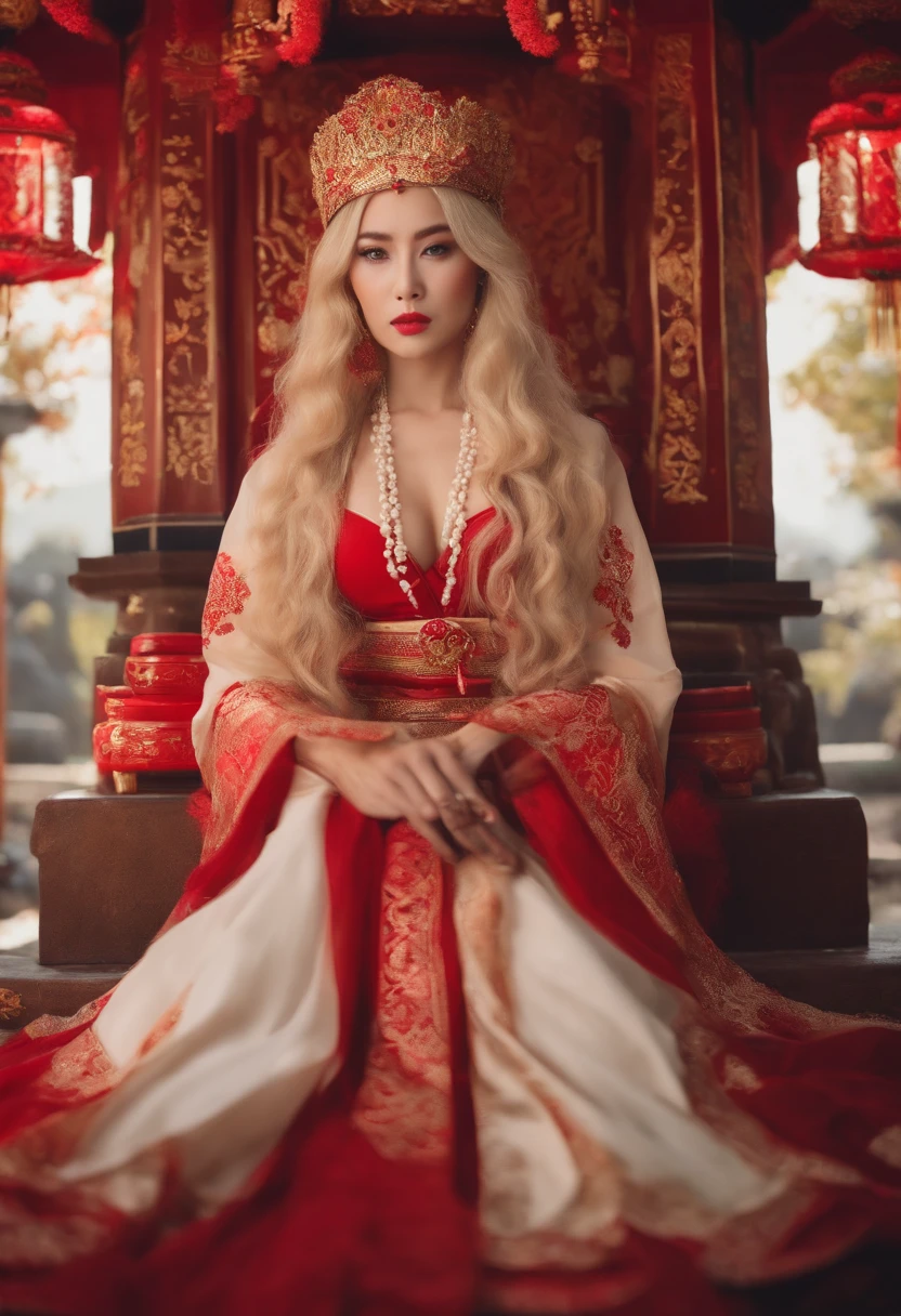 4k,Blonde little Shota,period costume,Red shrine,closeup cleavage,vibrant with colors