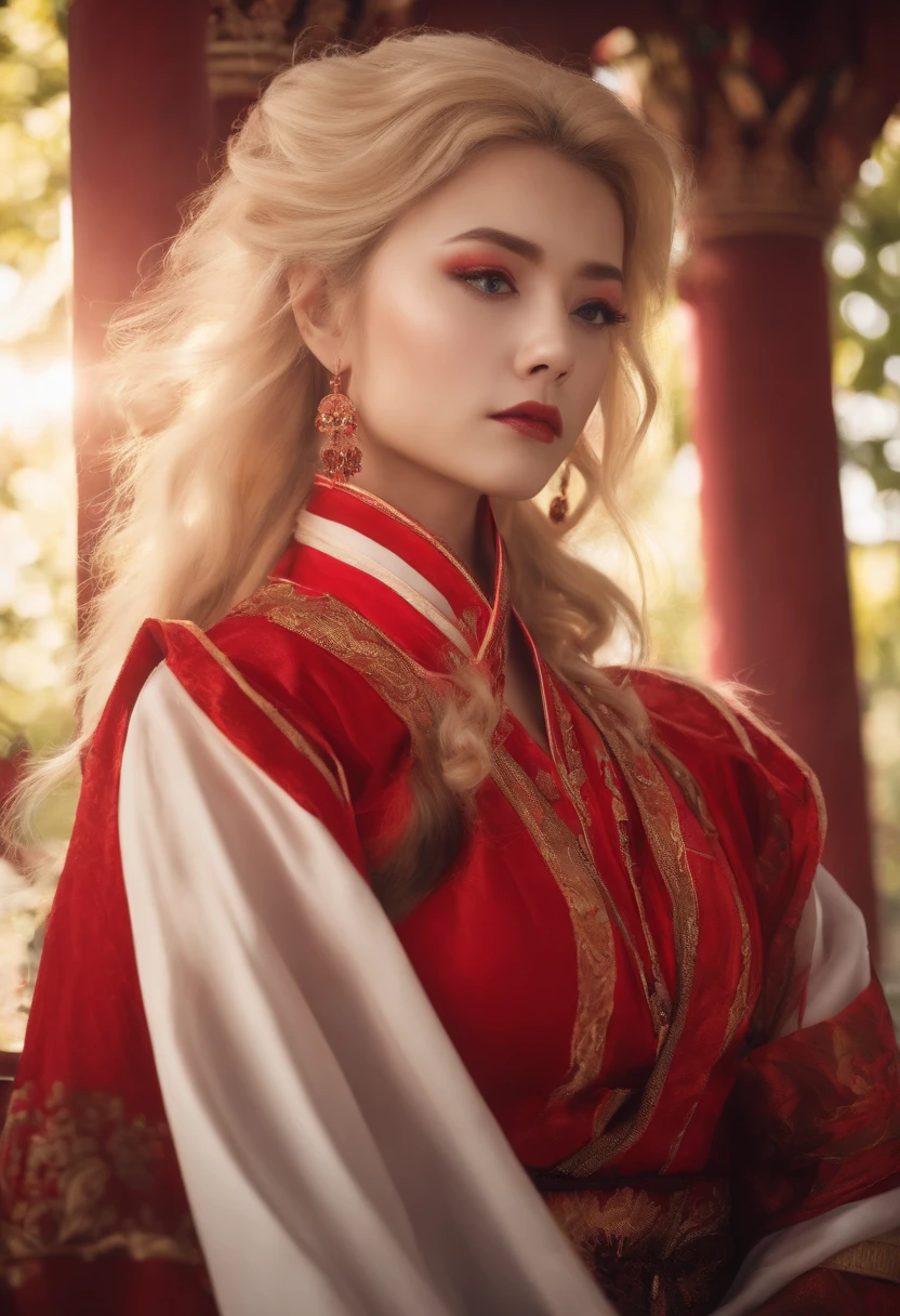 4k,Blonde little Shota,period costume,Red shrine,closeup cleavage,vibrant with colors