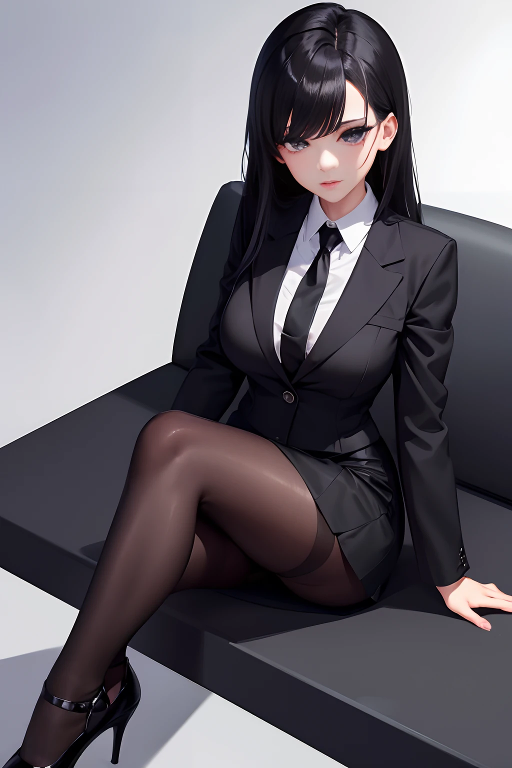 Officelady、Black jacket、Black tight skirt、White blouse、Black tights、High pumps with black heels、Black hair、s Office、lana、Beautiful woman、gazing at viewer、Looking here、hight resolution、top-quality、full body Esbian、animations、illustratio、Ultra-detailed delicacy