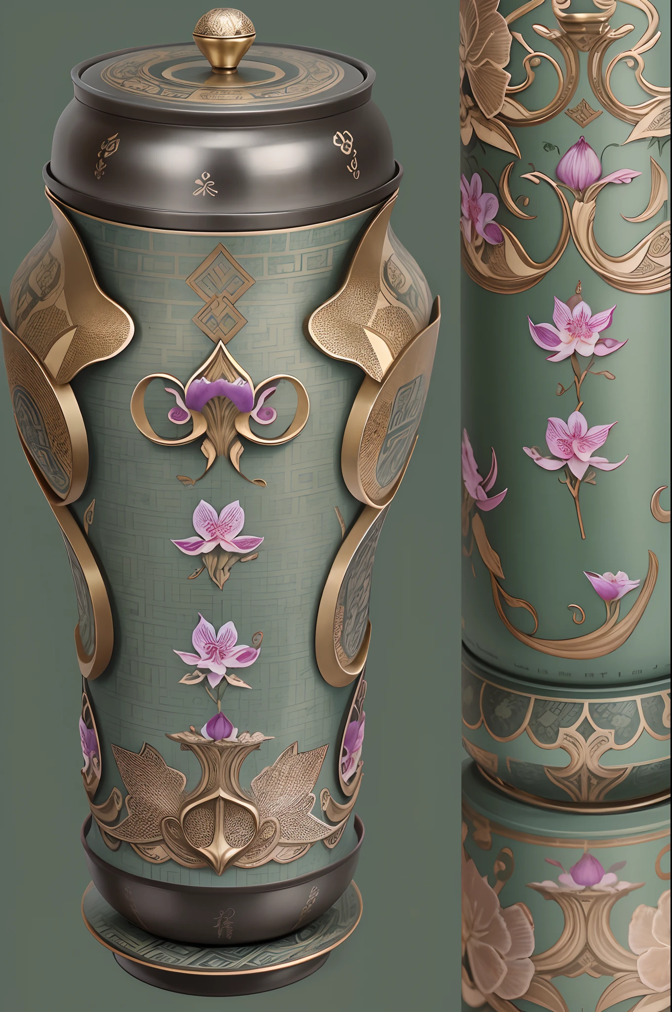 Tea can design,With a creative styling design,The whole shape resembles an orchid,The shape of the entire tea jar is not orchid texture decoration, but the shape of the whole tea can,An orchid-shaped single tea can made of metal,Tea cans do not spout and handle,Ancient Chinese style,Metallic,with a simple background,8K,Photographic quality,