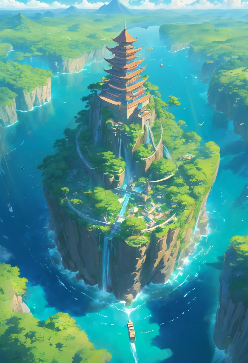 many flying islands, flying islands over ocean, flying kingdom, floating islands, floating realm, Ancient Fantasy, Highly detailed map, Detailed Map, Height Map magic floating islands, castles and towers, waterfall in the air,