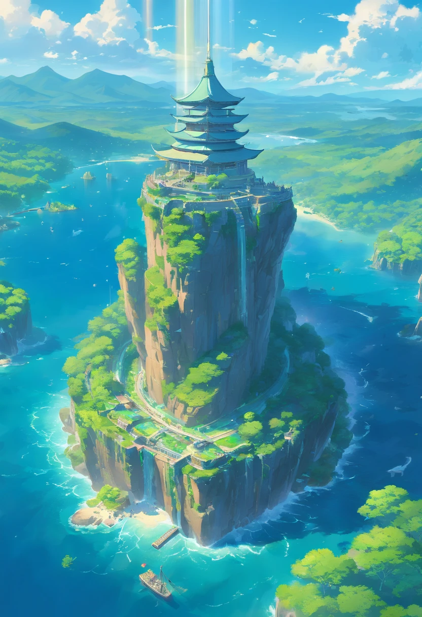 many flying islands, flying islands over ocean, flying kingdom, floating islands, floating realm, Ancient Fantasy, Highly detailed map, Detailed Map, Height Map magic floating islands, castles and towers, waterfall in the air,