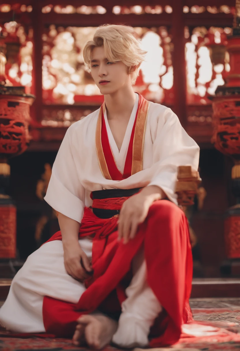 4K,Blonde Shota,younge boy,Cute boy,period costume,Red Shrine,closeup cleavage,vibrant with colors