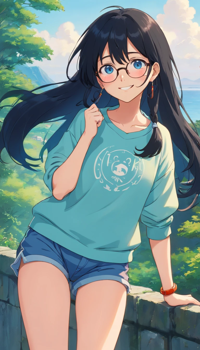 Funny, comical, , (Playful), toys, illustration, A high resolution, Vibrant colors, Soft lighting, Exquisitehands:1.5)（Perfect body proportion:1.5）（More refined anime eyes:1.5）long hair，random hair style,  ((light blue eyes)), ((perfect)), ((glasses)), smiling, ((long black hair straight)), shoulders, arms, ((sweatshirt)), ((torn short shorts)), ((sock pants)) , (neck chain), background scenery