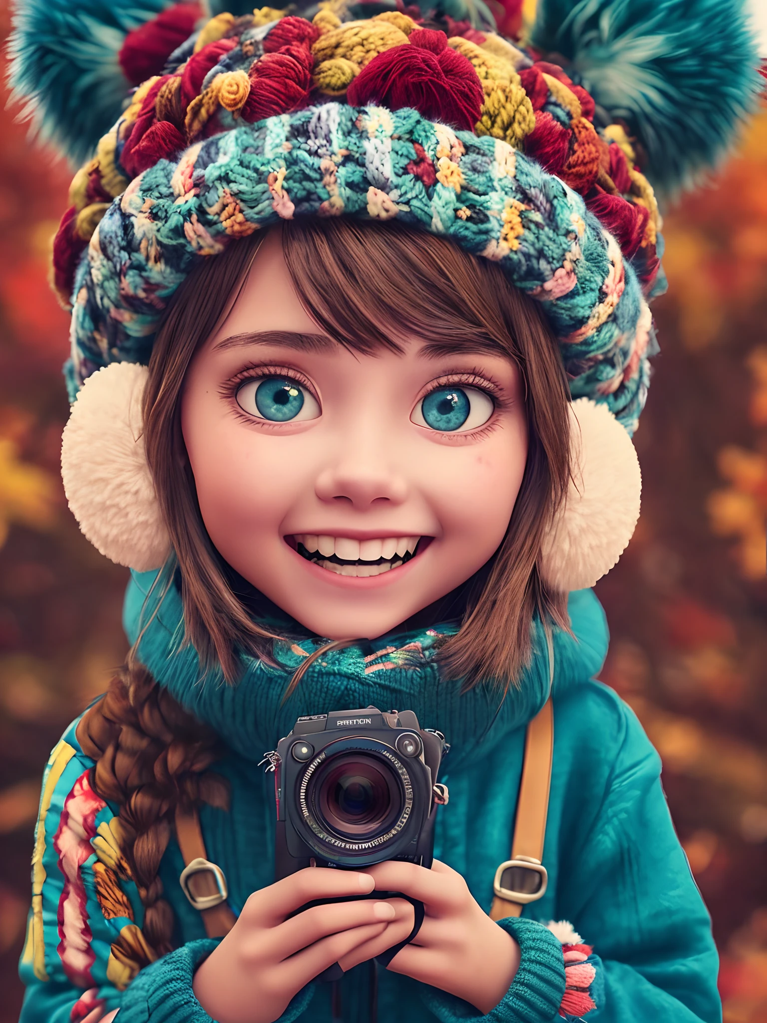 creepy mega funny 18 years old girl, expressive eyes, in a red knitted hat with a pompom, blue down jacket, huge ears, smiling, funny eyes, autumn, humor, cinematic, hyper-detailed, real photo, random angle, rich color, detailed texture, fur , full body, camera view --auto --s2