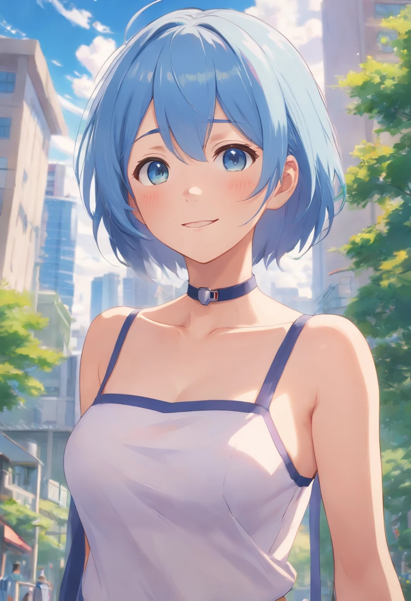 see through closthes,The chest is particularly large, schoolgirl, Sailor school uniform, japanese school girl, 
Smiling,  ((Blushing)), Close-up, angle of view, Focus on the face and chest, (Masterpiece, Top quality, Perfect anatomy, Beautiful face, Realistic, Super detailed, 1 girl, 18 Old Ear Solo, Depth of field, Canon 24mm lens, F1.4, Cute_Girl, neck chain, Clear facial features,, Large breasts, Huge breasts, Slender height, 180cm tall, Barefoot, Short light blue hair, Blue eyes , Gravure pose, indoor, City Park Blurred background, (uwabaki: 1.1576),