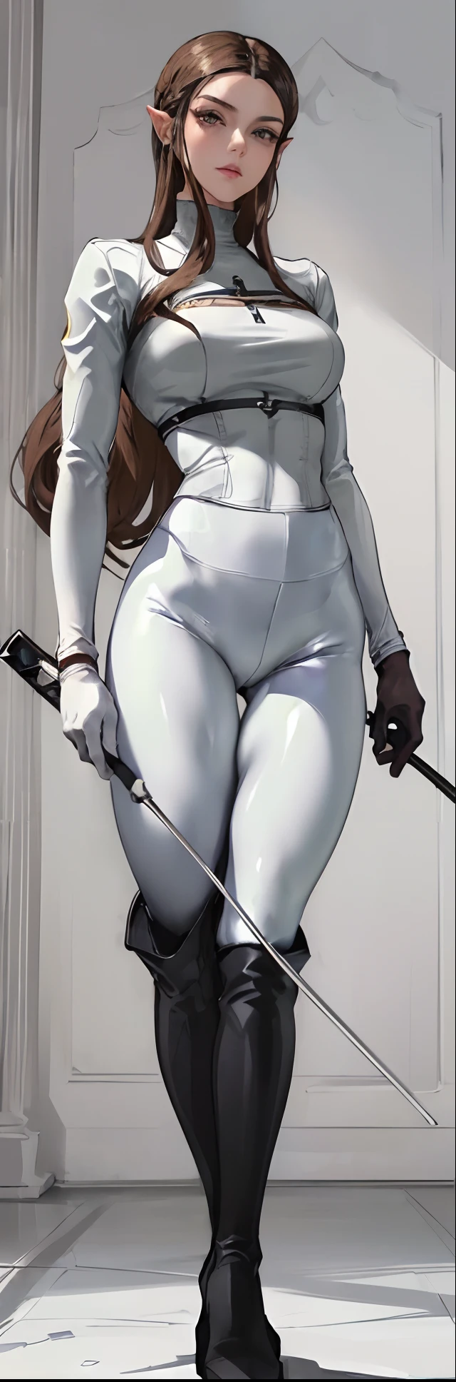 (highest resolution, distinct_image) best quality, a woman, solo, masterpiece, highly detailed, semi realistic, brown hair, bangs, 18 years old, mature, young, pretty, goddess, tall strong,(plain and simple uniform),( plain minimalist military uniform),(luxury hotel room background:1.2), cold, serious, tall, handsome, autocratic, powerful, exquisite facial features, exquisite facial features, (full body)(black knee-high boots:1.4)(dominatrix:0.3)(white Yoga pants:1.3),(black gloves:1.5)(long sleeves:1.2),(active white sportswear shirt):1.2,(princess Zelda),solo,1girl,(looking at viewer),(from below:0.8)(head turned upwards:0.3)(smiling:0.4)(bodysuit:0.2)(holding riding crop:1.2)(muscular:0.8),(black belt), (shirt tucked in pants),(standing on ground), (marble floor)
