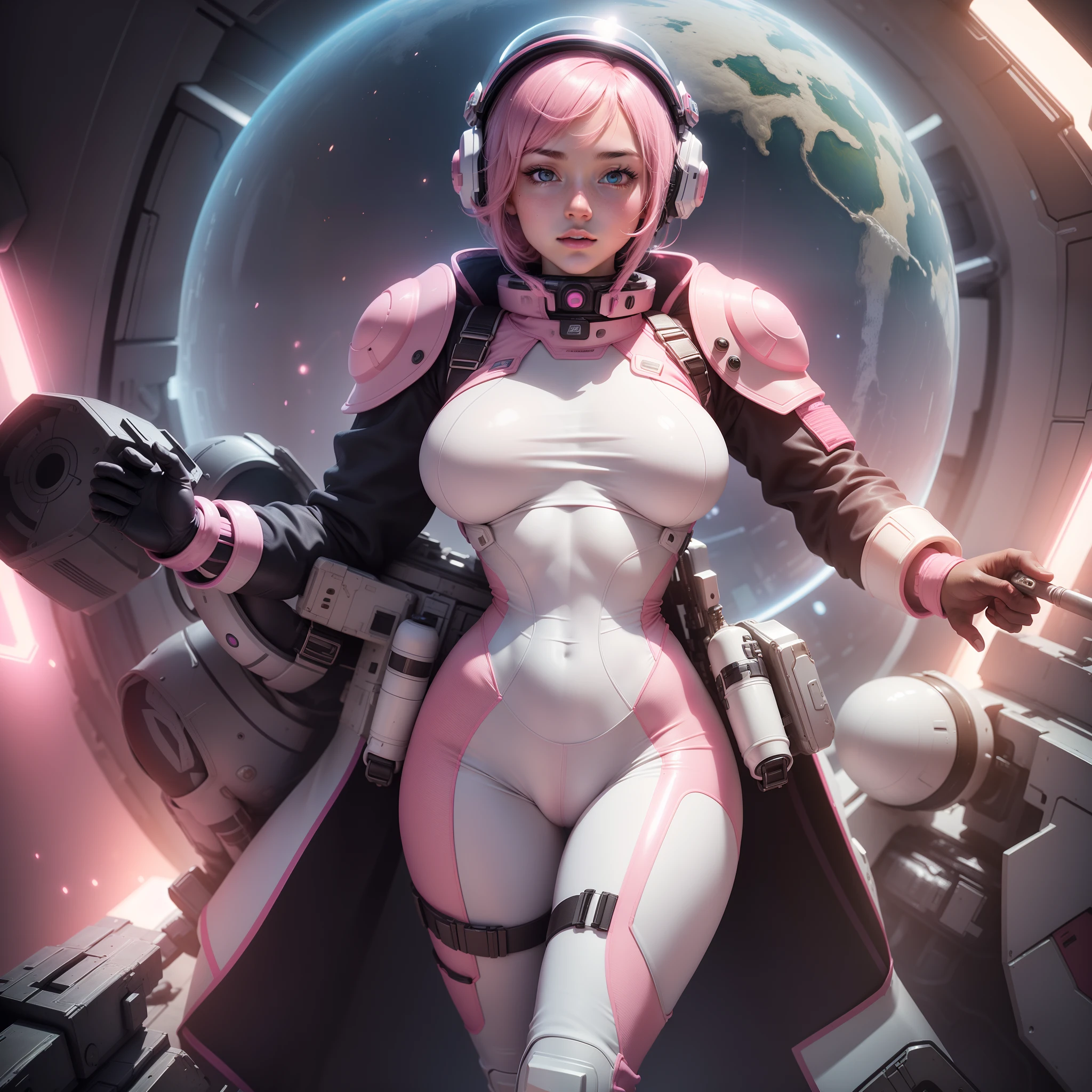 "(Highest image quality), (incredibly detailed), (photo-realistic:1.1) 1girl, depicting a female space marine cadet, skin tight skimpy see through space suit, breasts, white and pink space suit, glowing pink neon, erotic, seductive, sleek futuristic helmet, beautiful face, space, universe, strange planet."