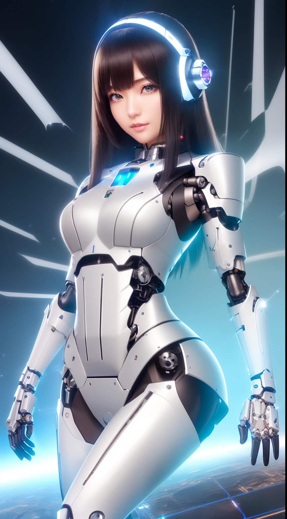 ((masutepiece)), ((top-quality), high quarity、ultra-definition, Realistic, (Ultra-fine face)、fulcolor 、scientific fiction、Beautiful robot police woman、((Cyberpolis))、((( Mechanical joints)))、Machine body、(((machine components)))、White porcelain mechanical armor、(Curvaceous face)、((Ultra detailed eyes))、thin mouth、deadpan、straight haired、(((Electronic substrate)))、Machine Gloves、(Sensor Antenna Headgear)