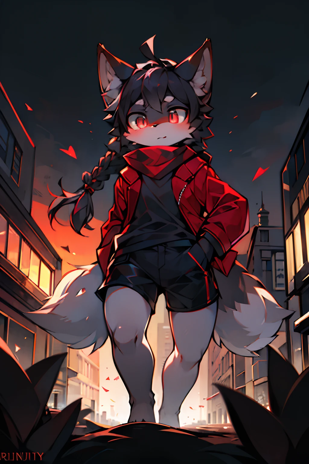 london, England, Twentieth century,gray wolf,Female,slender figures,Long thick black hair,There are two small braids,Run,Light gray,Black shorts,Red coat,Black shirt,dark gray eyes,Put your hands in your shirt pocket,Wearing a red scarf,Handsome(A masterpiece)(high qulity)(Clear structure)(Clear lines)(Background of extreme detail)(extremelydetailedcharacter)