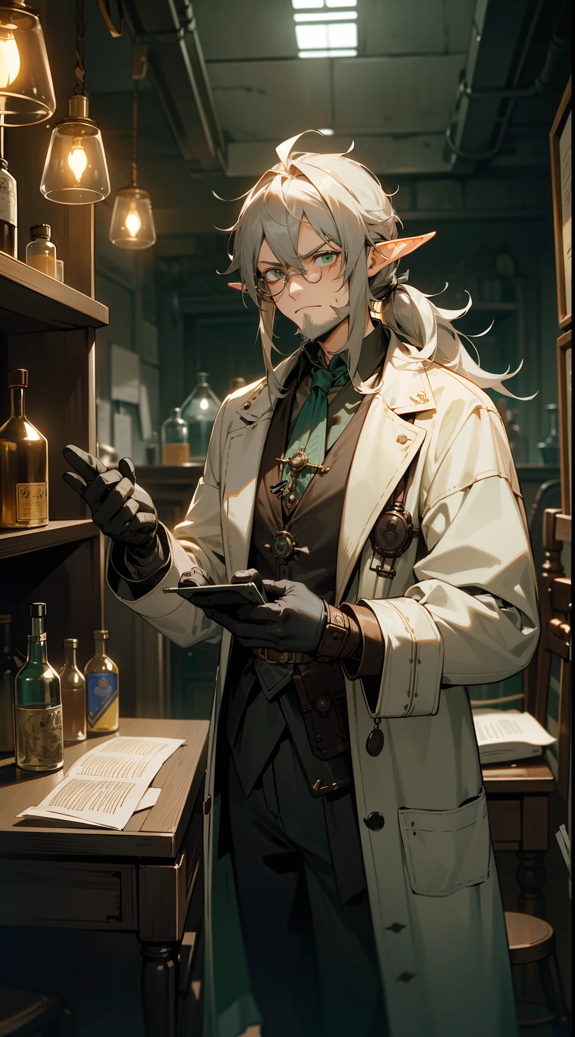 1adult man, 40 years old,beard,solo,(Angry face), long hair,disheveled hair,messy hair,elf ear,gray hair,green eyes, tired eyes,standing,hair in a ponytail, no bangs, glasses, scientist, scientist outfit, white coat,gloves, bandaged hands, cowboy shot,dynamic pose,((room with desk and chair, fantasy alchemist laboratory, magic laboratory setting, mysterious laboratory, steampunk laboratory, magic lab background, wizards laboratory,dark environment, gloomy environment,night))